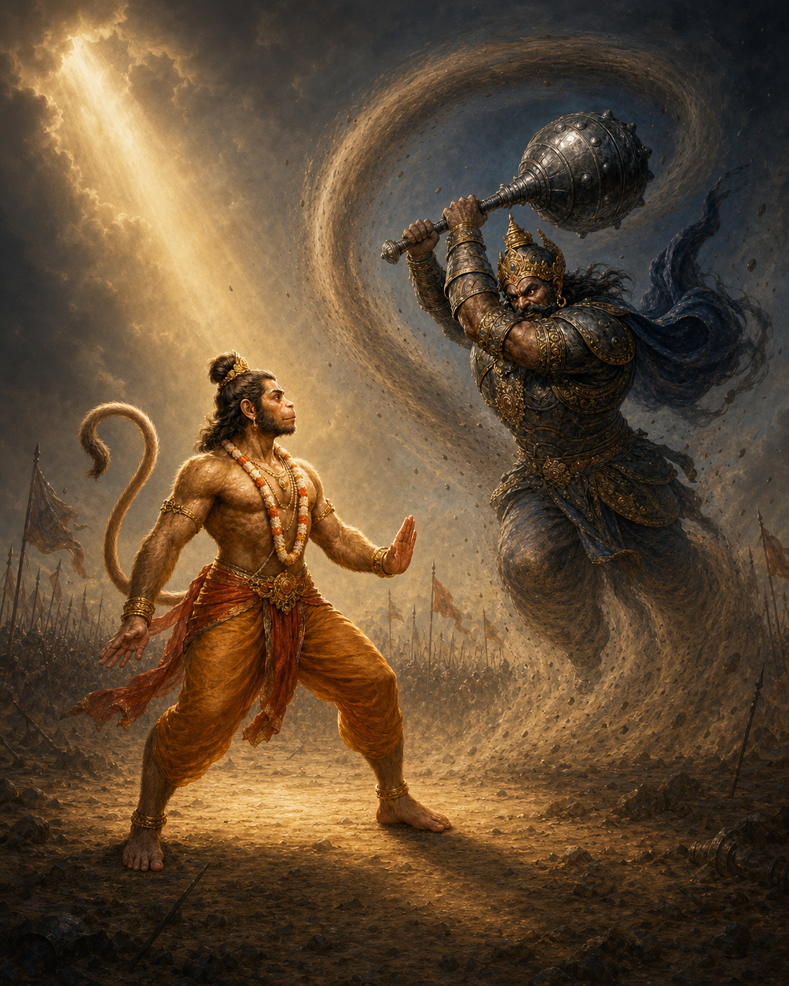 Hanuman holds a balanced, attentive stance as Devantaka charges and raises a heavy iron club for a powerful strike.