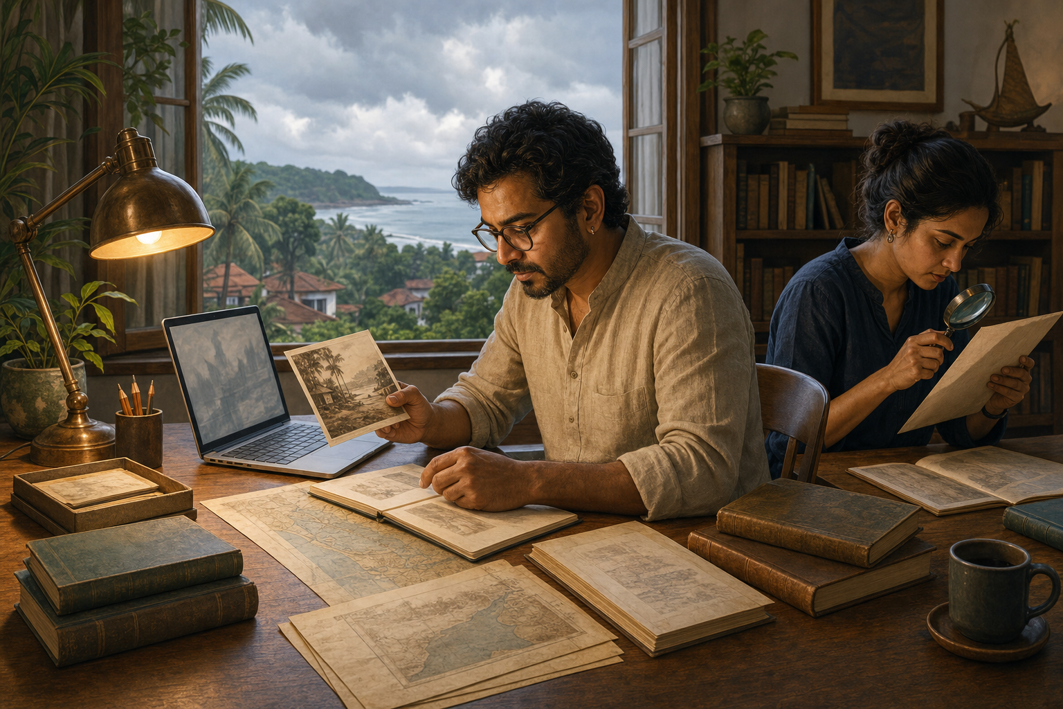 A writer and editor compare archival materials, books, a map, and a laptop at a desk overlooking the Goan coast.