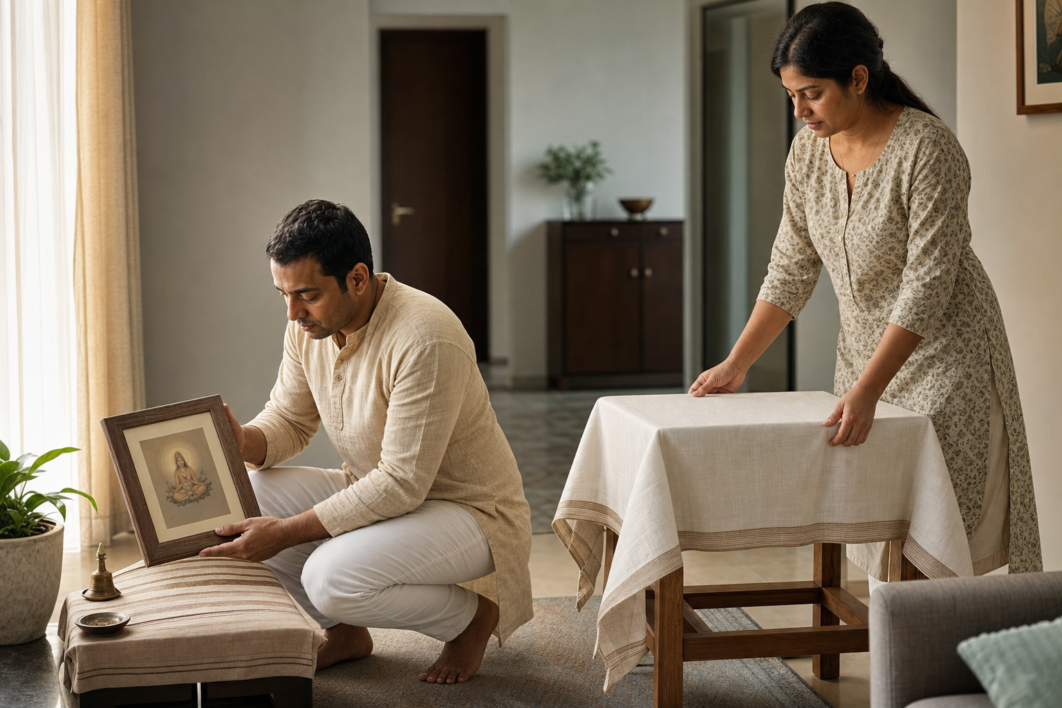 Two adults carefully move a framed devotional image toward a clean, cloth-covered table in a quiet home.