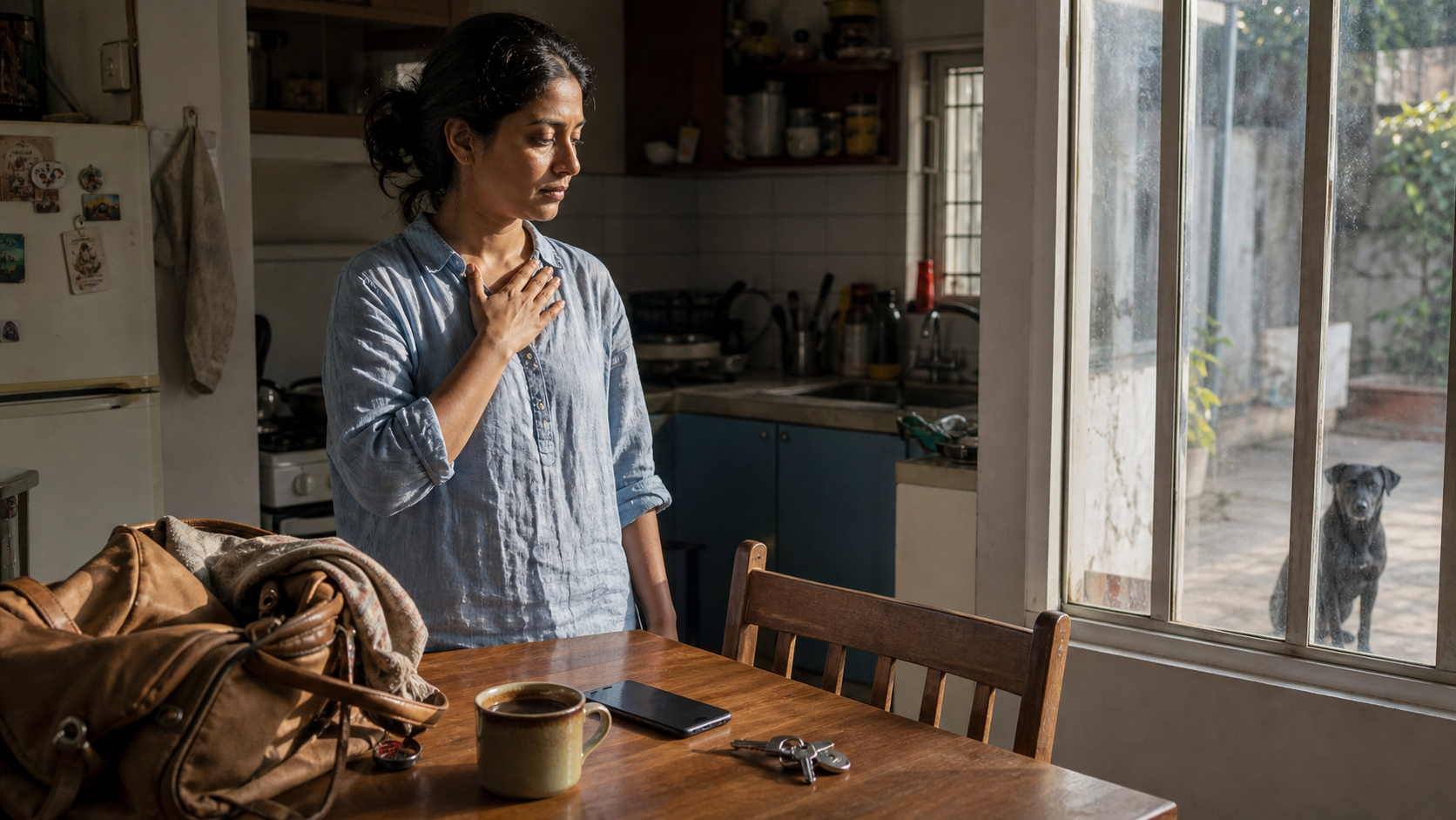 A person pauses with one hand over the heart at a kitchen table while morning objects surround them and a black dog waits outside the window.