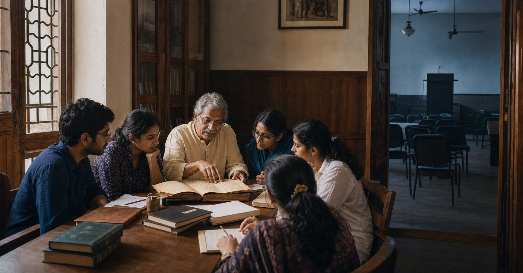 A professor and postgraduate students discuss books and a manuscript in a seminar room beside an adjoining room with an empty lectern and chairs.