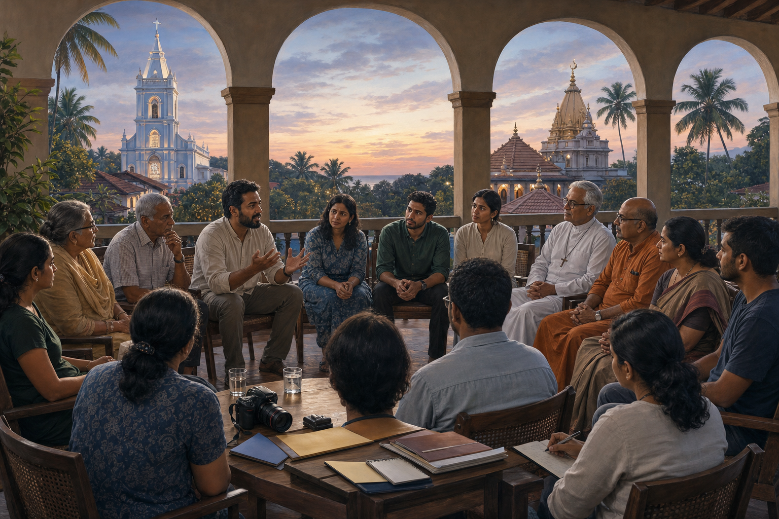 Hindu and Christian neighbours, journalists, elders, and young adults listen to one another during a peaceful community meeting in Goa.