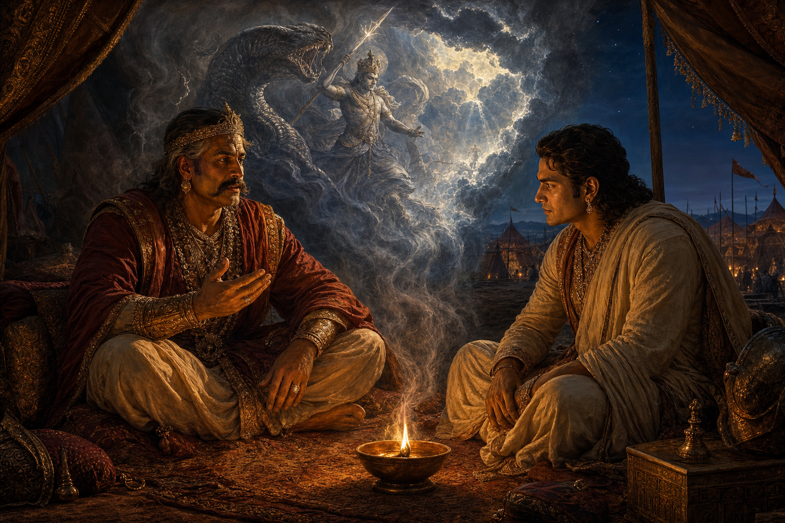 Shalya speaks to a thoughtful Yudhishthira beside an oil lamp as smoke behind them forms a vision of Indra and Vritra.