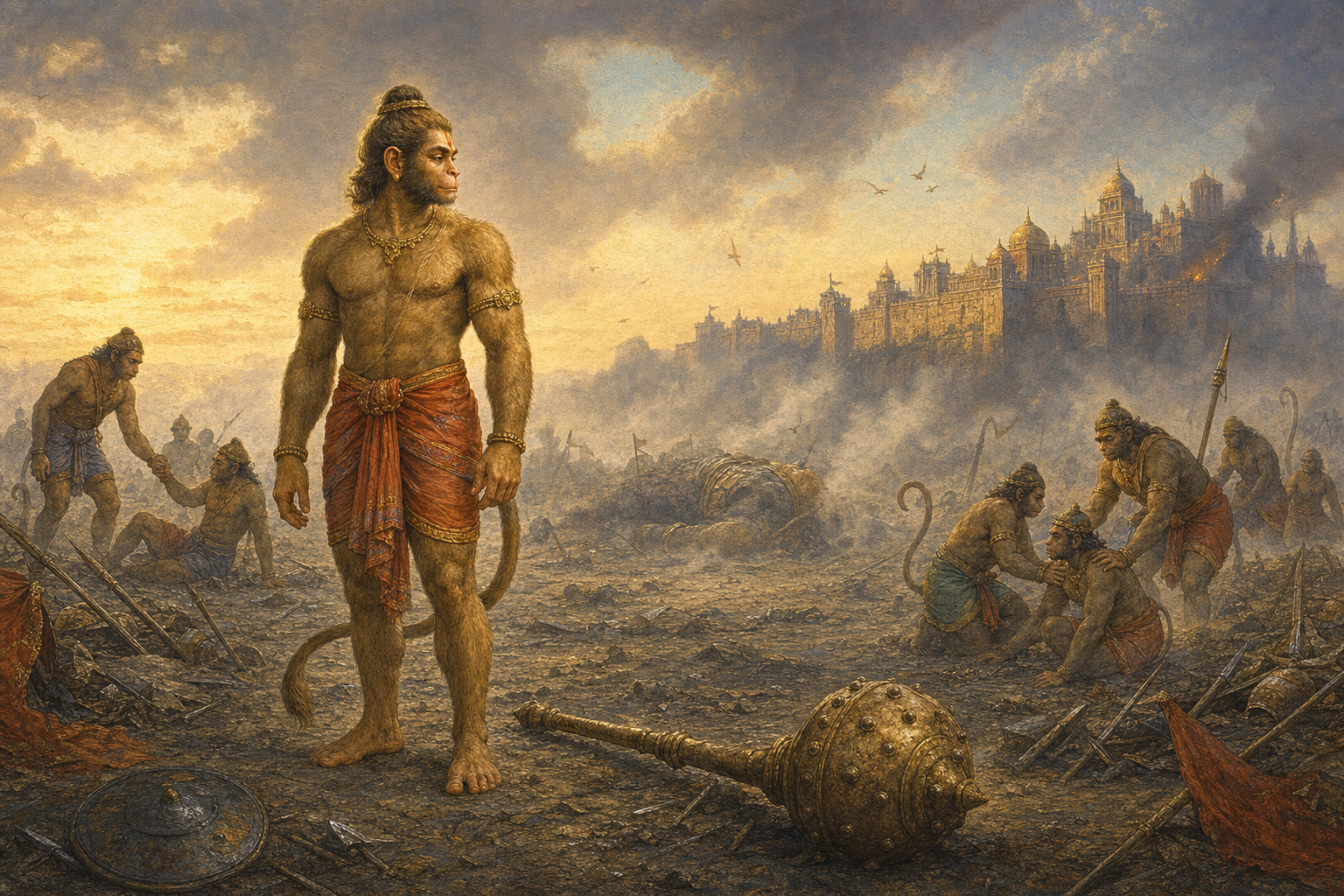 Hanuman stands calmly with his fist lowered beside Devantaka's fallen iron club while Vanara warriors regroup on the battlefield near Lanka.