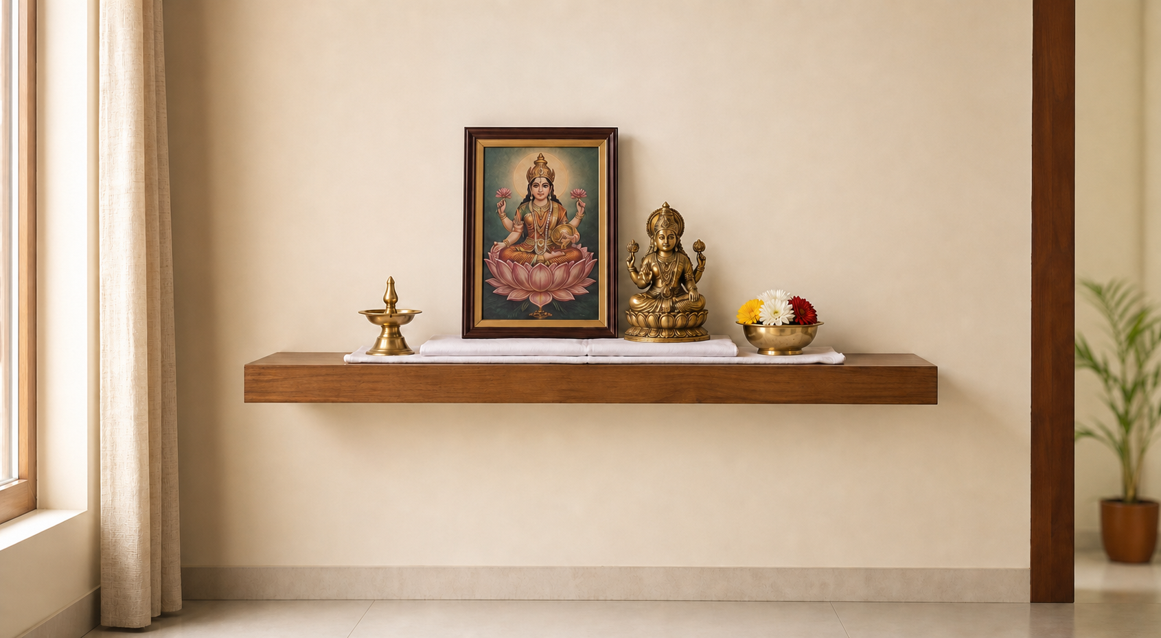 A framed devotional image and small murti rest on a clean, elevated shelf with flowers and an unlit brass lamp.