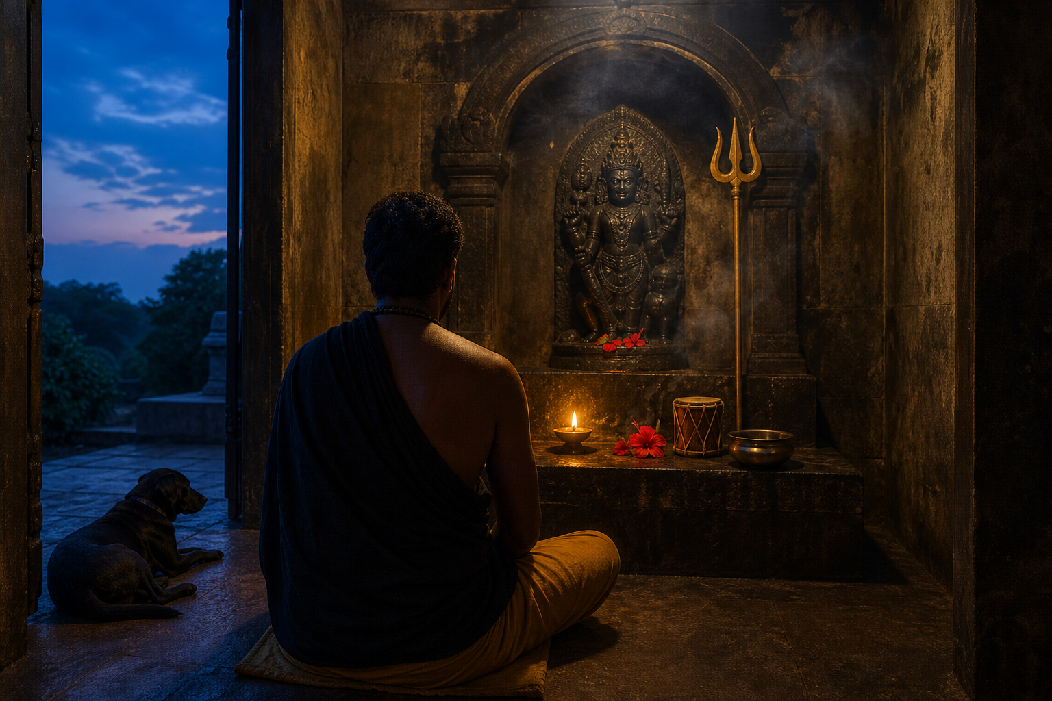 A seated practitioner faces a lamp-lit Bhairava shrine with a trident, drum, water bowl, red flowers, and a resting black dog nearby.