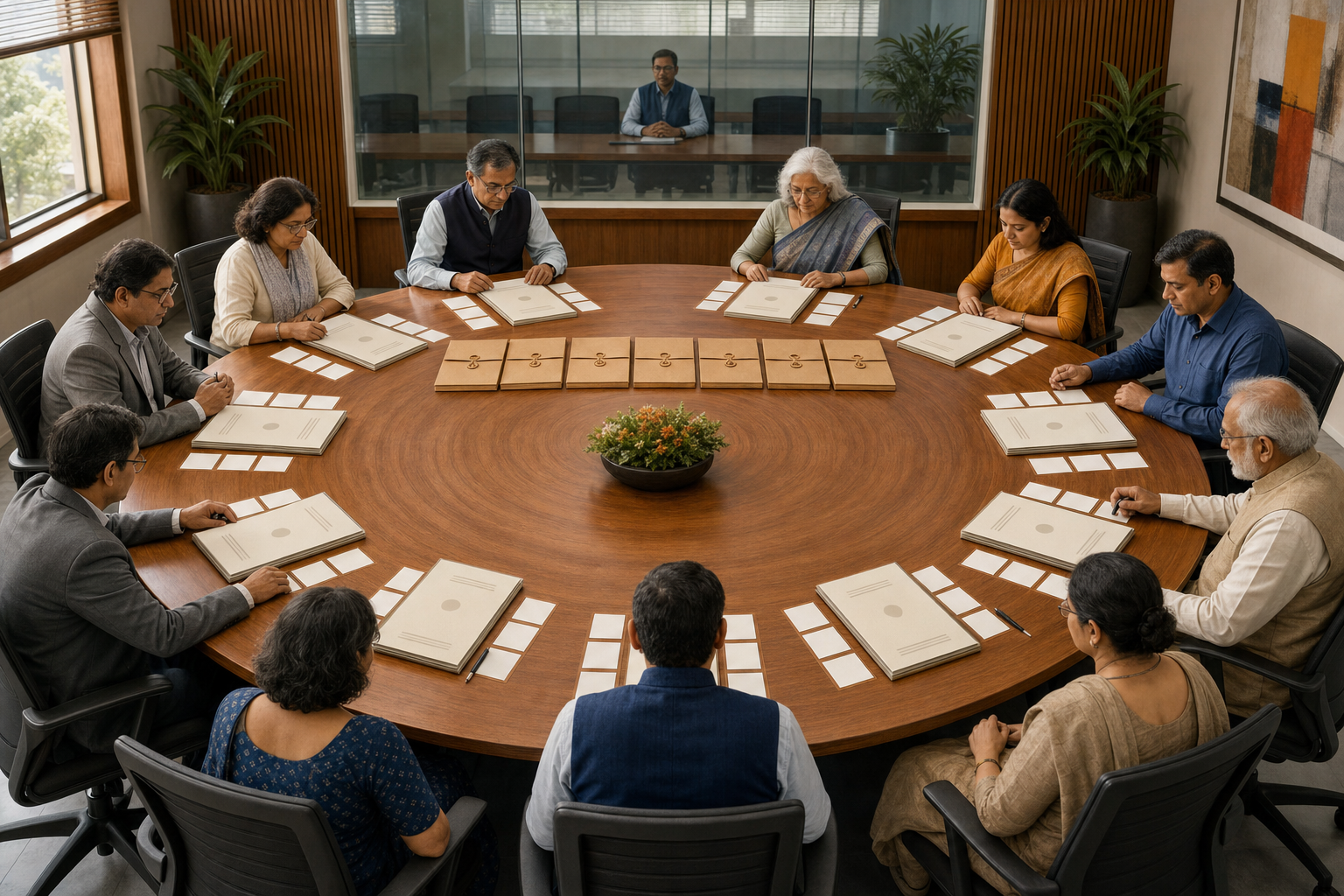 An academic committee evaluates equally arranged anonymous candidate portfolios with matching rubric cards while an observer watches through glass.