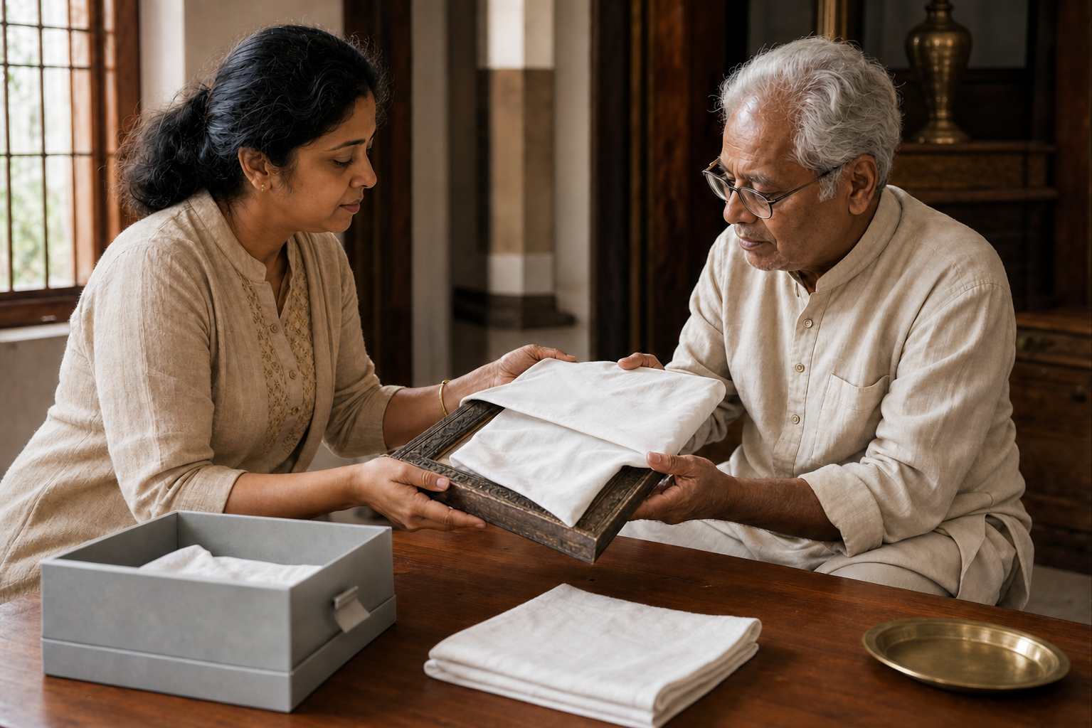 A caretaker and senior community steward examine an aged devotional image protected by clean cloth on a wooden table.