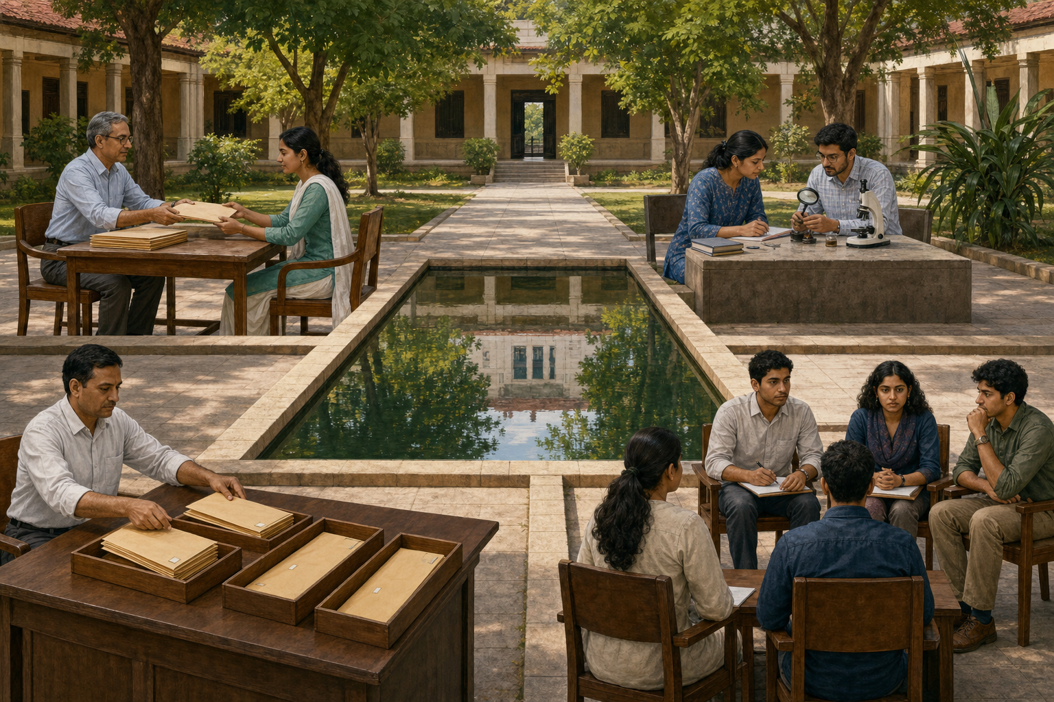 Teachers, researchers, administrators, and students carry out fair academic procedures around a reflecting pool in a university courtyard.