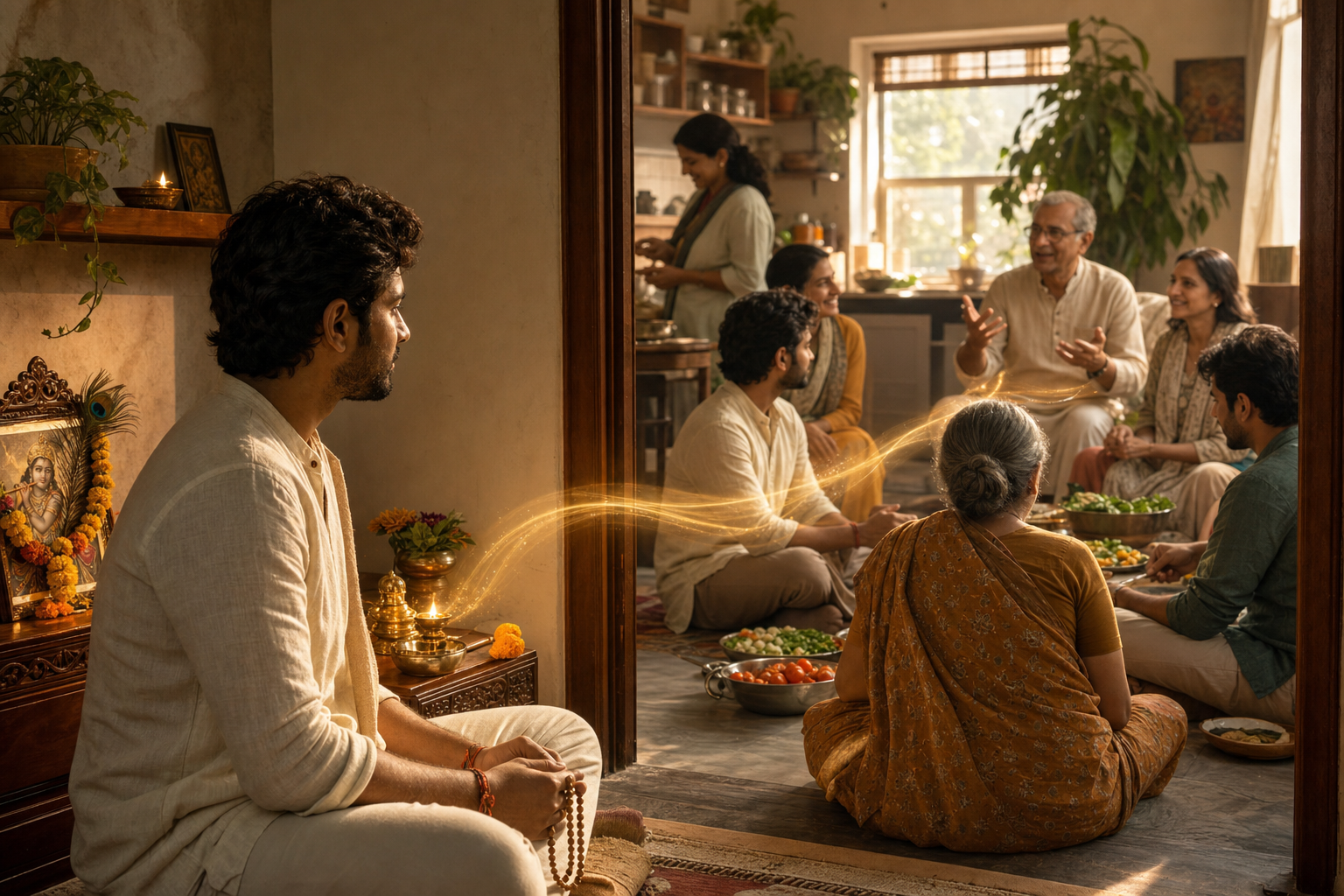 A practitioner leaves prayer beads beside a lamp and joins a multigenerational group preparing and sharing a meal.