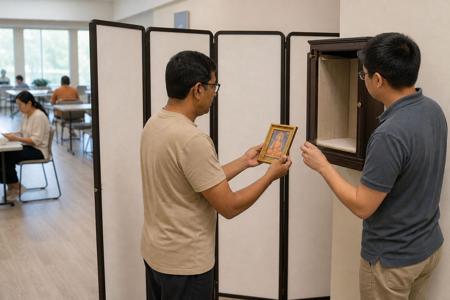 Two volunteers discreetly relocate a framed sacred image to a clean elevated cabinet behind a privacy screen.