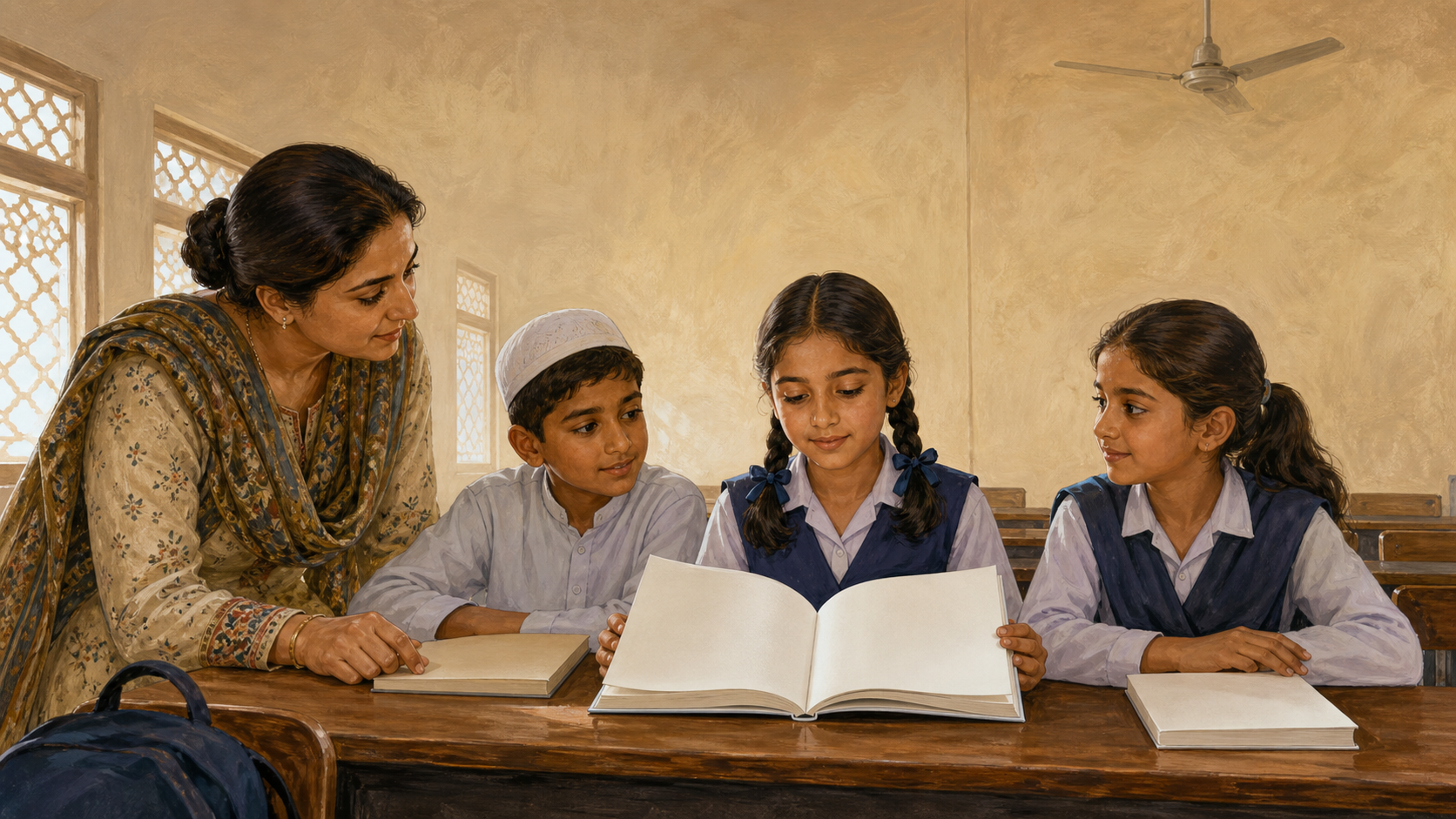 A Hindu schoolgirl opens an unmarked textbook at a sunlit classroom desk beside classmates while their teacher supports the lesson.