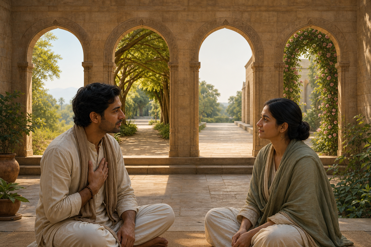 Two people pause in conversation before four aligned stone archways in a quiet courtyard.