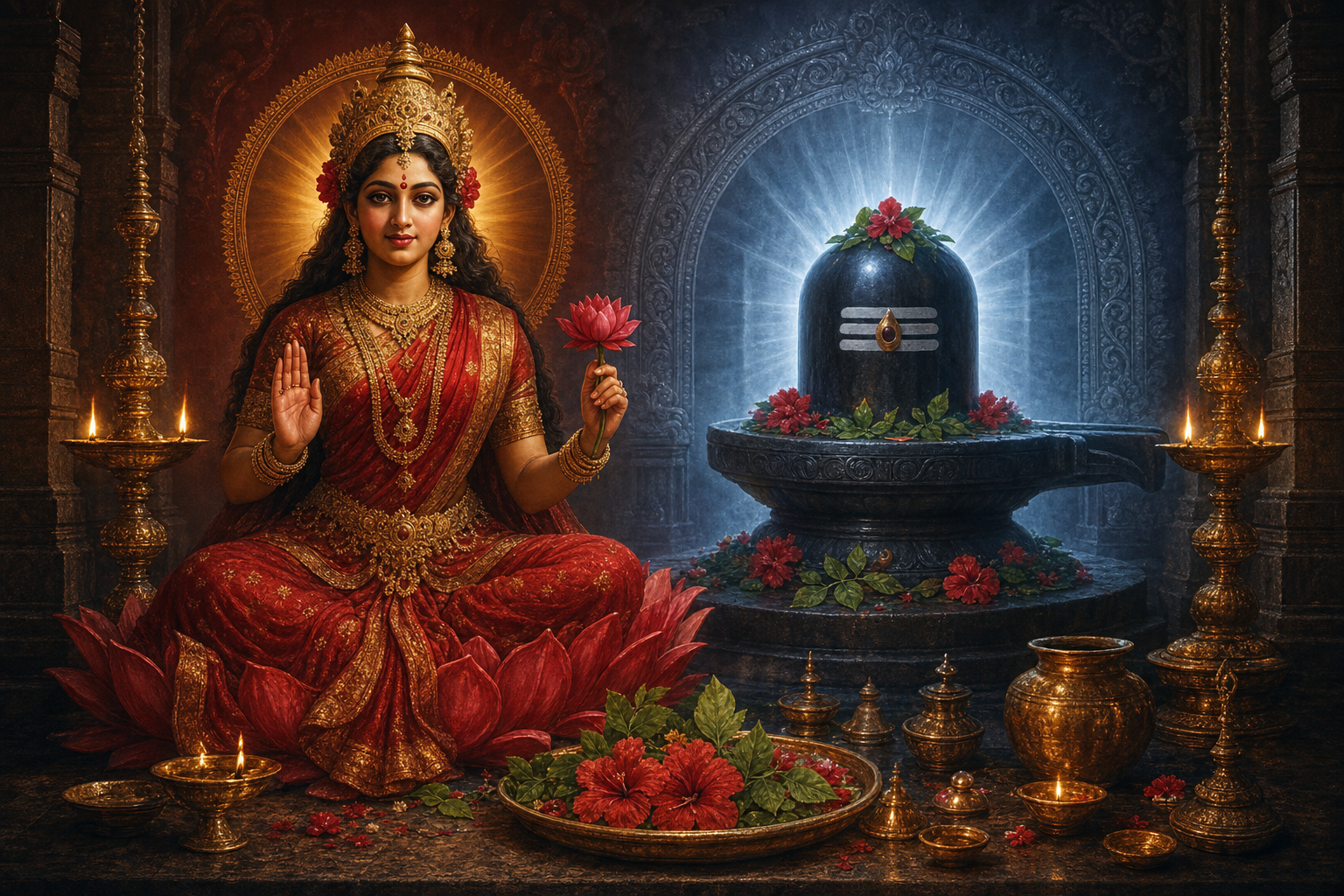 Goddess Isani sits before a Shiva linga as warm red-gold and cool silver-blue light overlap across shared ritual offerings.