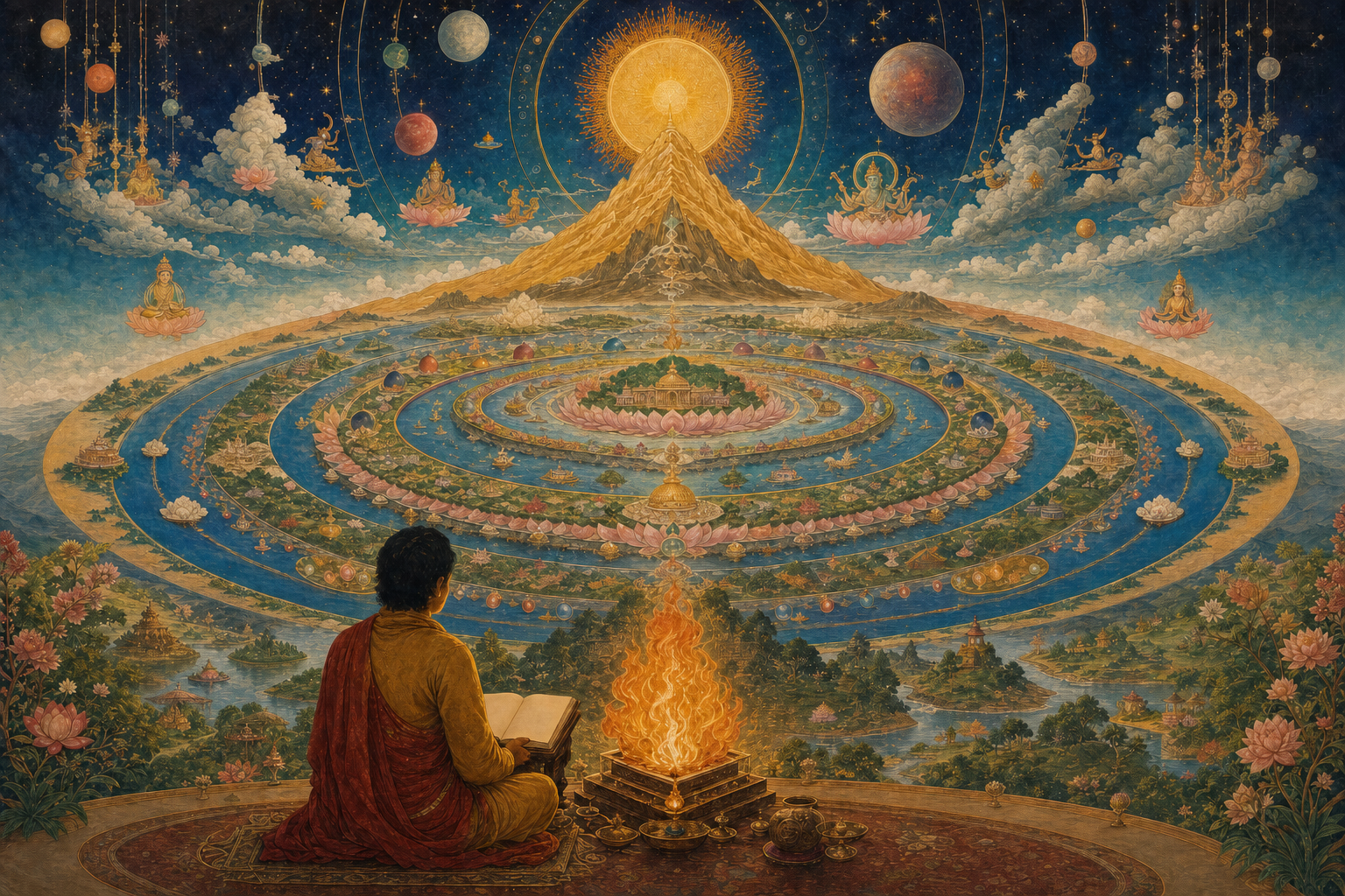 A reader faces a layered sacred cosmos rising from a ritual fire through earthly, celestial, and luminous realms.