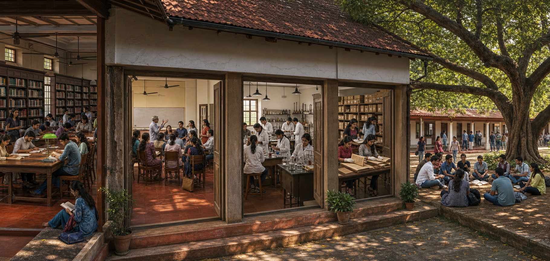A connected university campus scene includes an active library, seminar, laboratory, archive, and student discussion beneath a large tree.