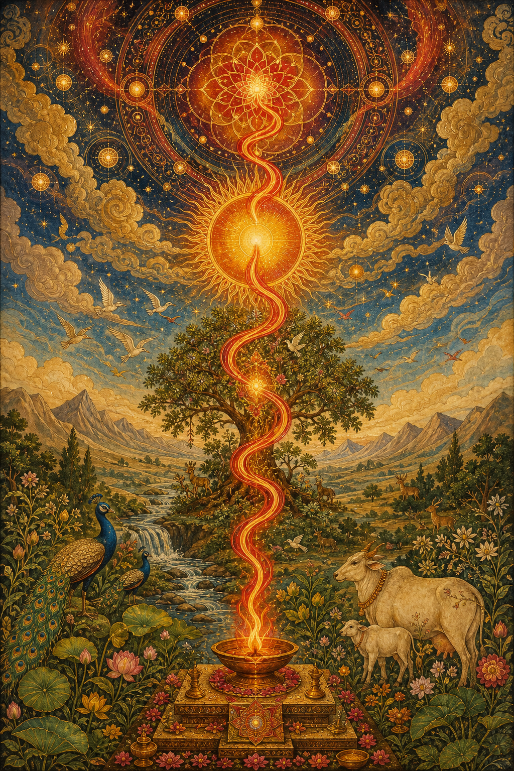 One stream of crimson-gold light connects a ritual flame, living plants, the sun, and luminous cosmic patterns.