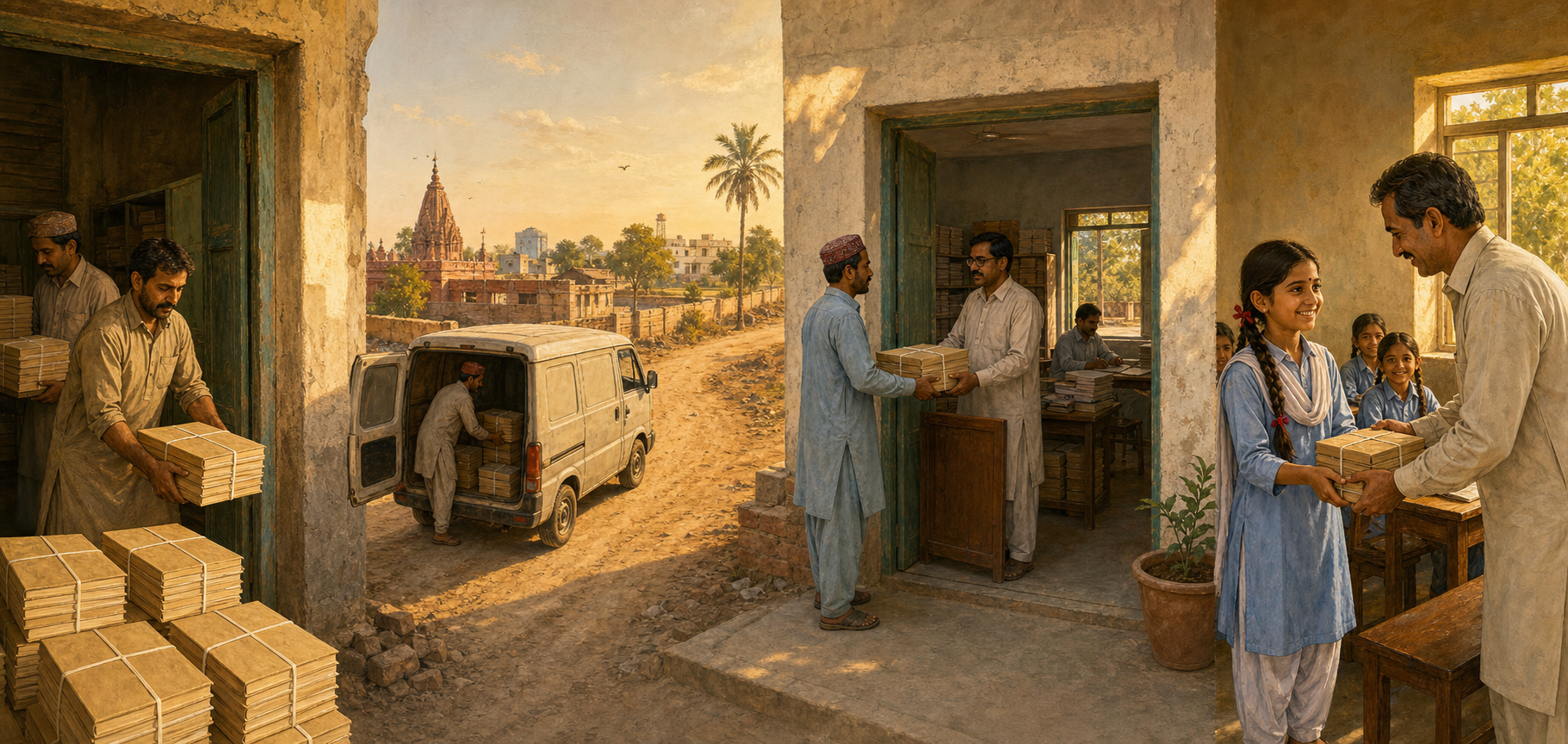 Bundles of unmarked textbooks move from a government storeroom by van to a school office and finally reach a Hindu student in a classroom.
