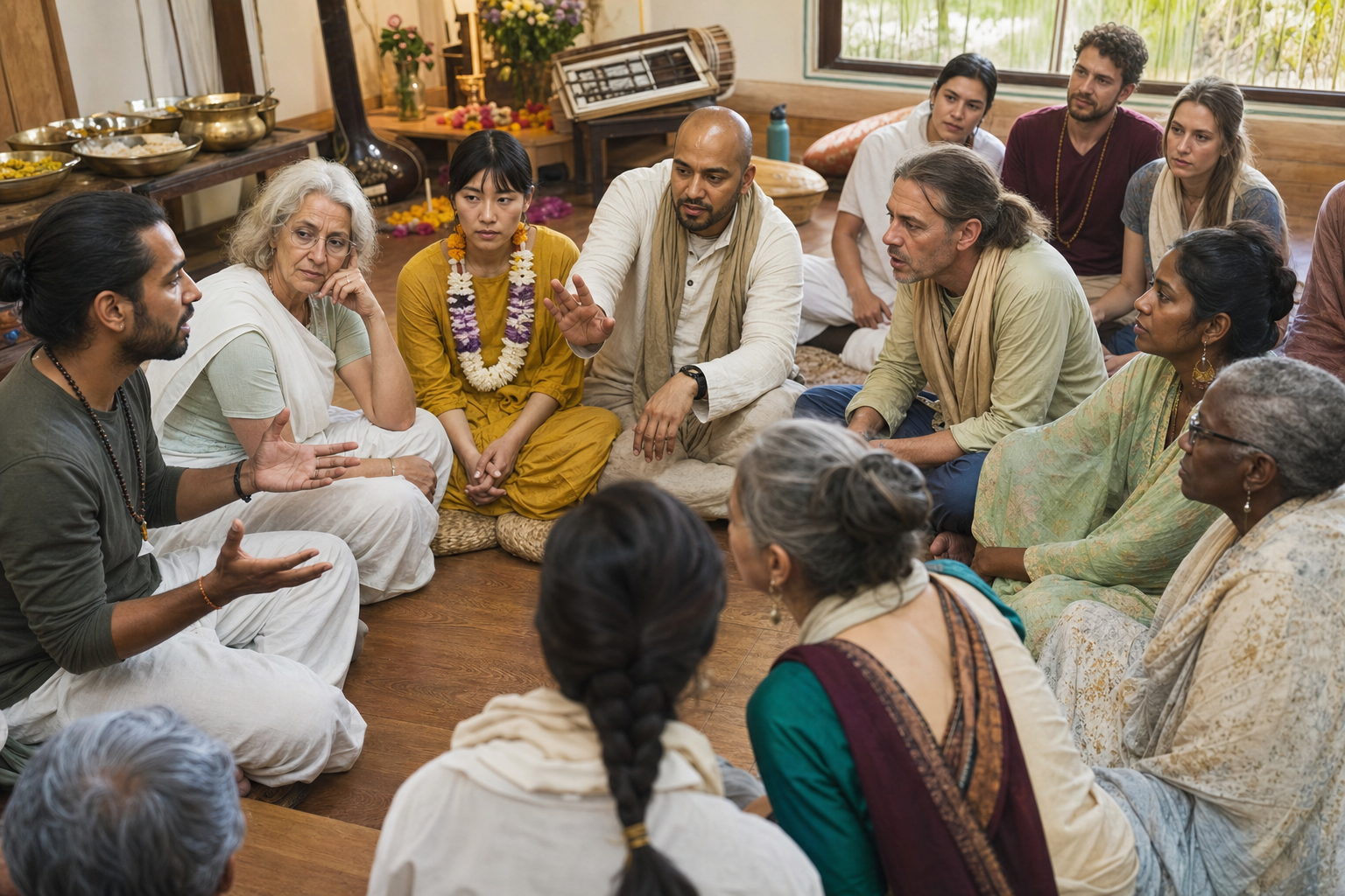 Members of a devotional community sit in a circle and listen carefully while two people work through a disagreement.