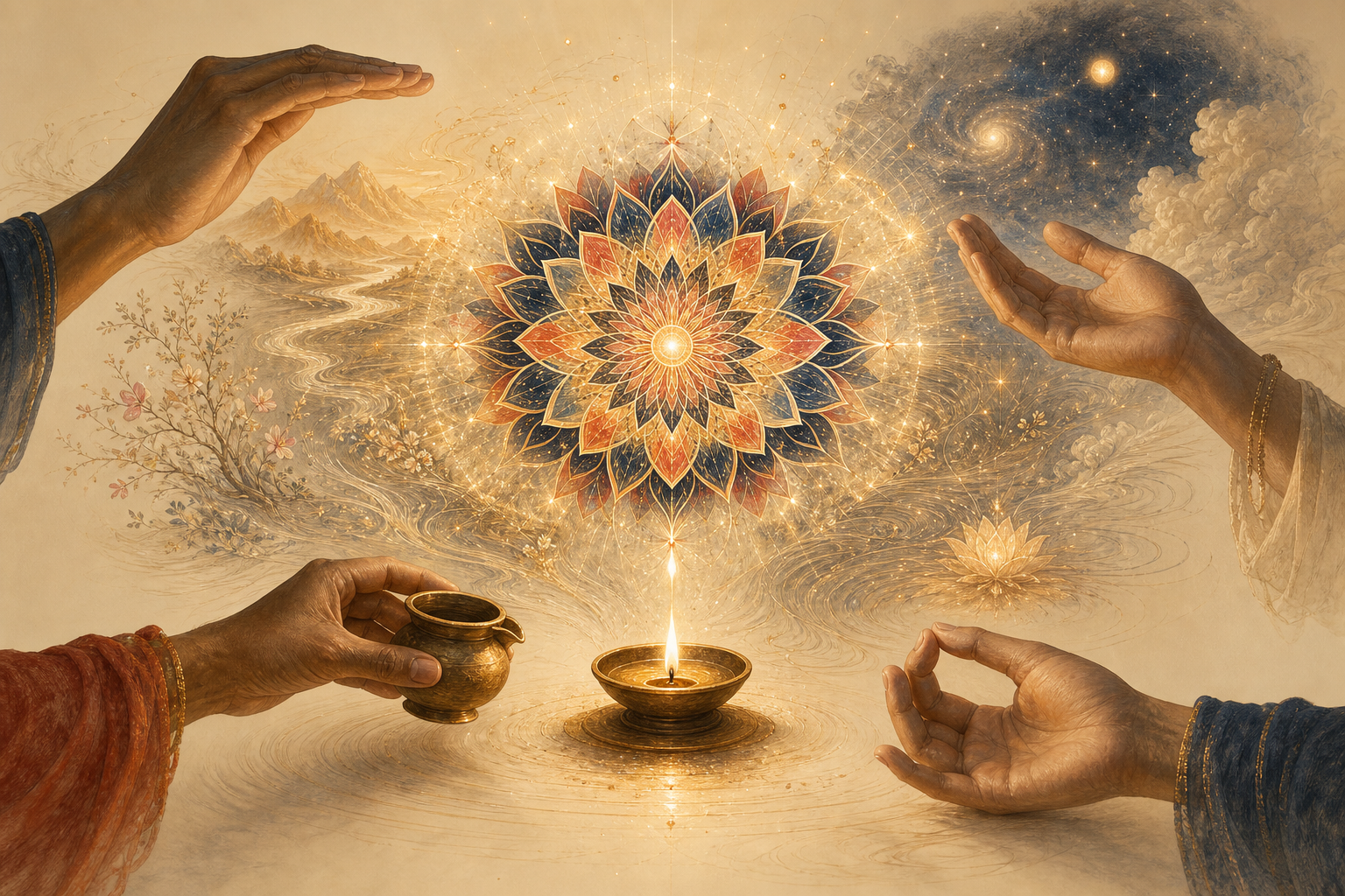 Four hands observe, ritually engage with, trace, and contemplate a luminous cosmic wheel above a small lamp.