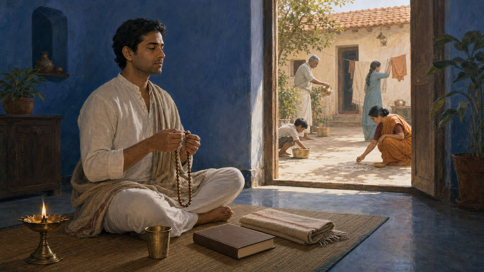 An adult sits with wooden prayer beads beside an oil lamp at dawn, with a closed book and an open doorway leading to a sunlit family courtyard.