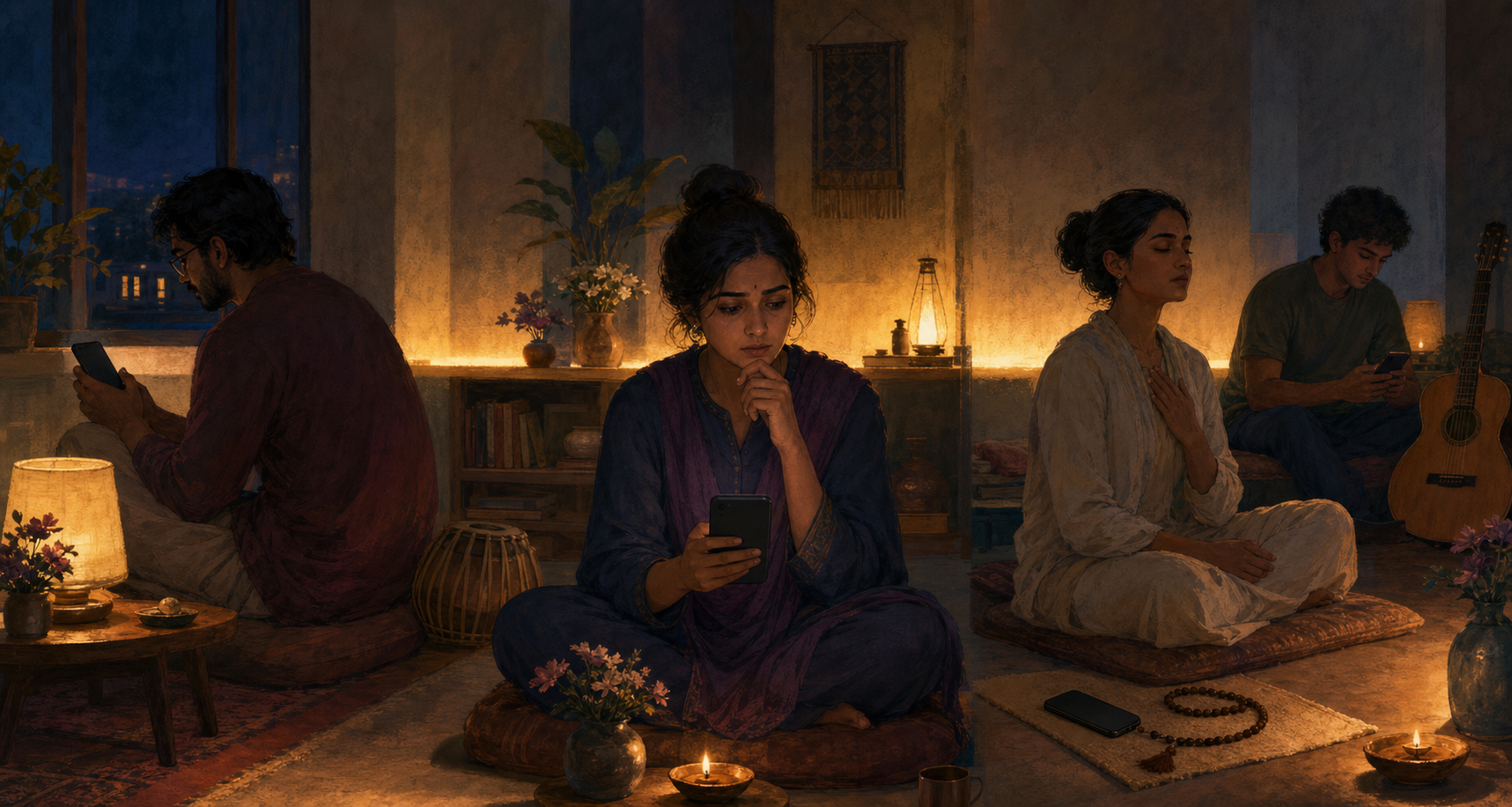 Community members pause thoughtfully over their phones in separate rooms connected by warm lamplight and devotional objects.