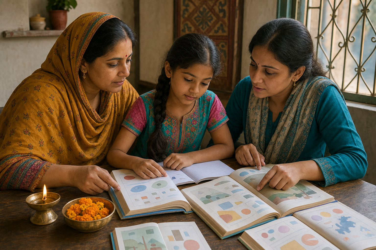 A Hindu mother, her school-age daughter, and an educator examine unmarked textbooks together beside a small oil lamp and marigold petals.