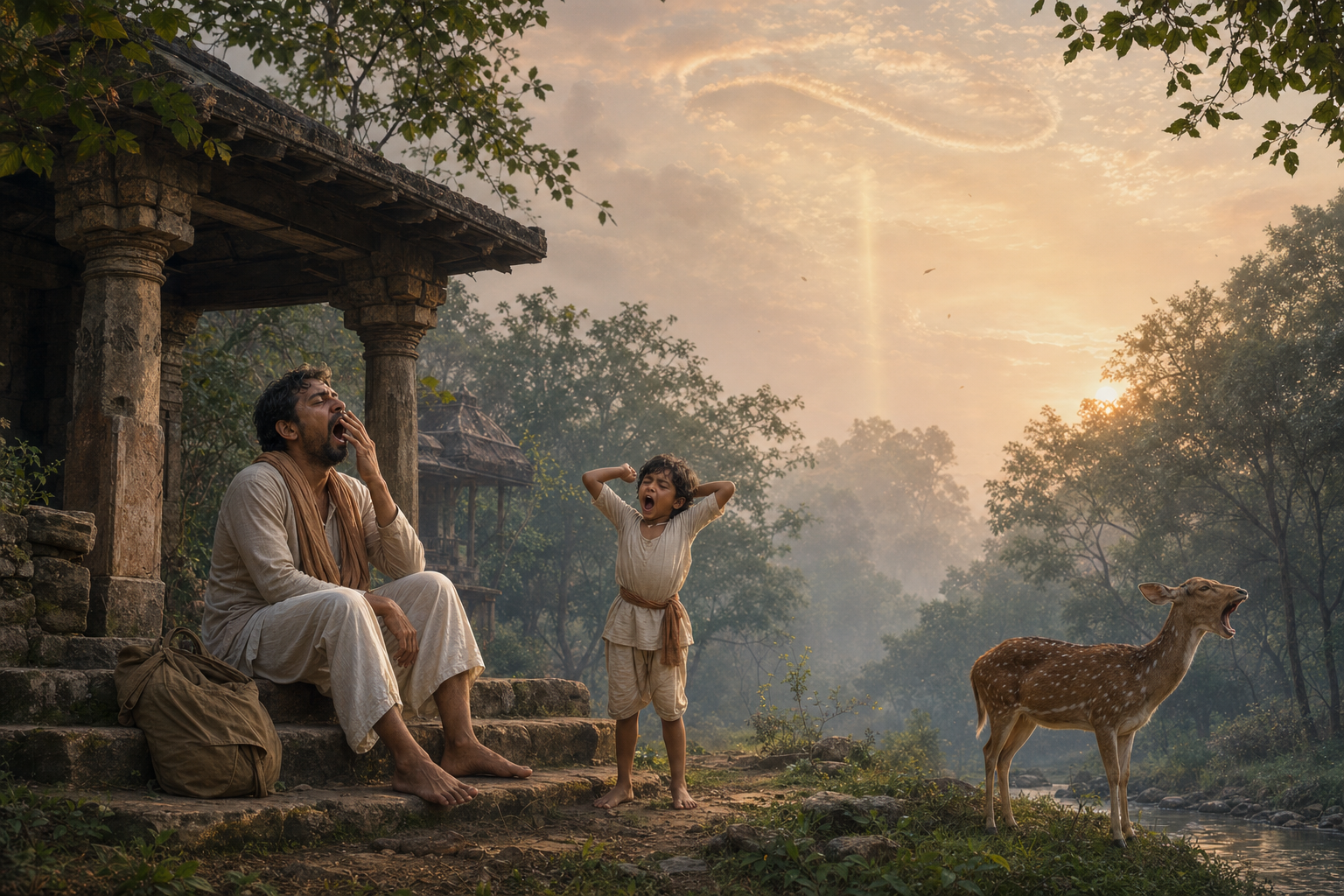 A traveler and a deer yawn at dawn in a forest hermitage while a child stretches nearby.