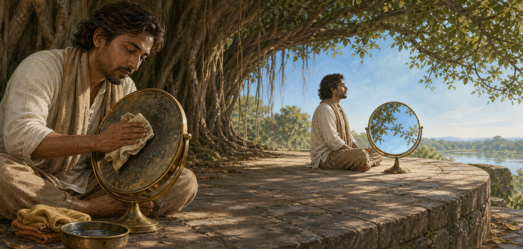 A continuous illustration shows a practitioner cleaning soot from a brass mirror and later meditating beside the polished mirror as it reflects the sky and tree branches.