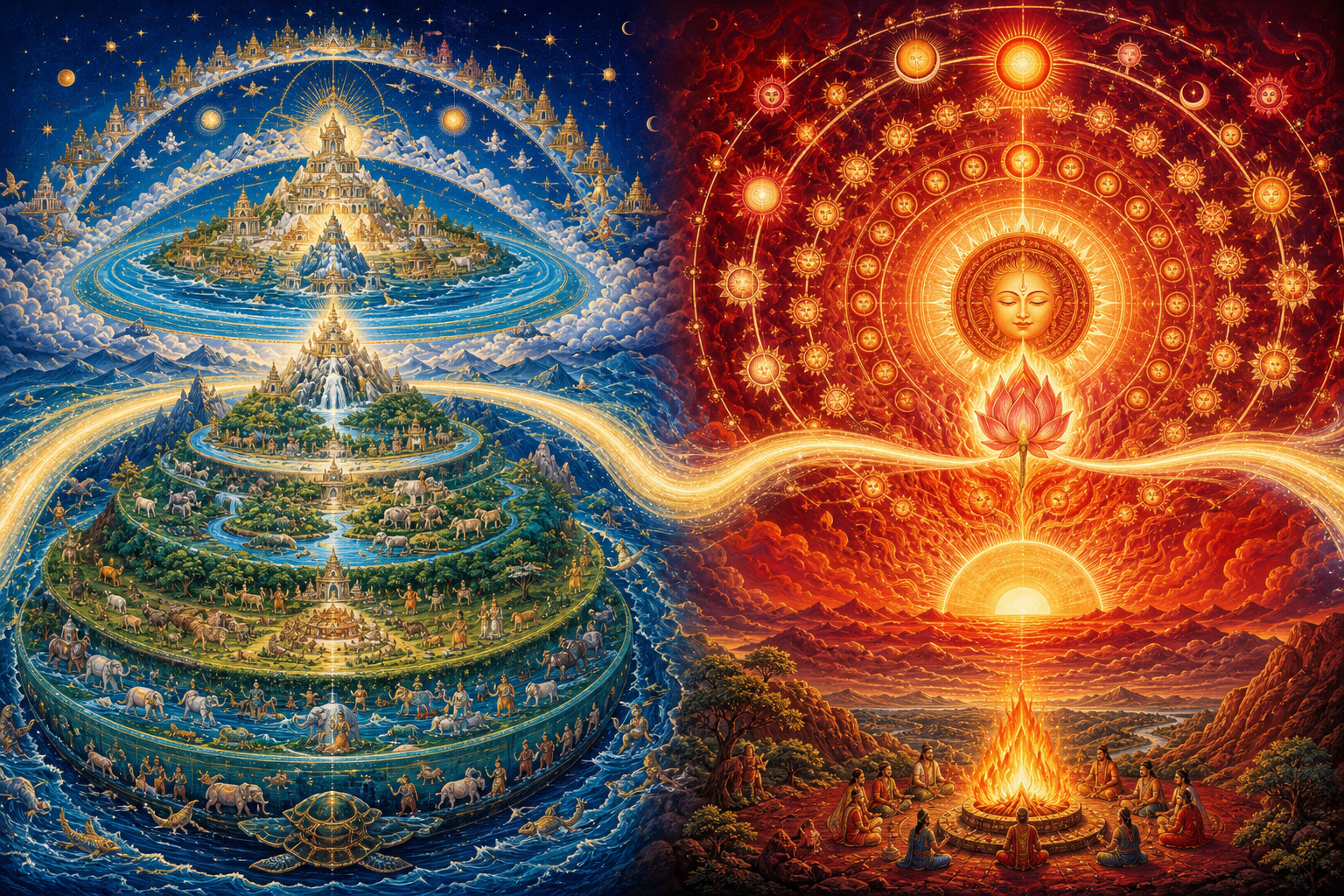 A jeweled cosmic island and layered realms appear beside crimson light expressed as fire, sun, lotus energy, and celestial order.