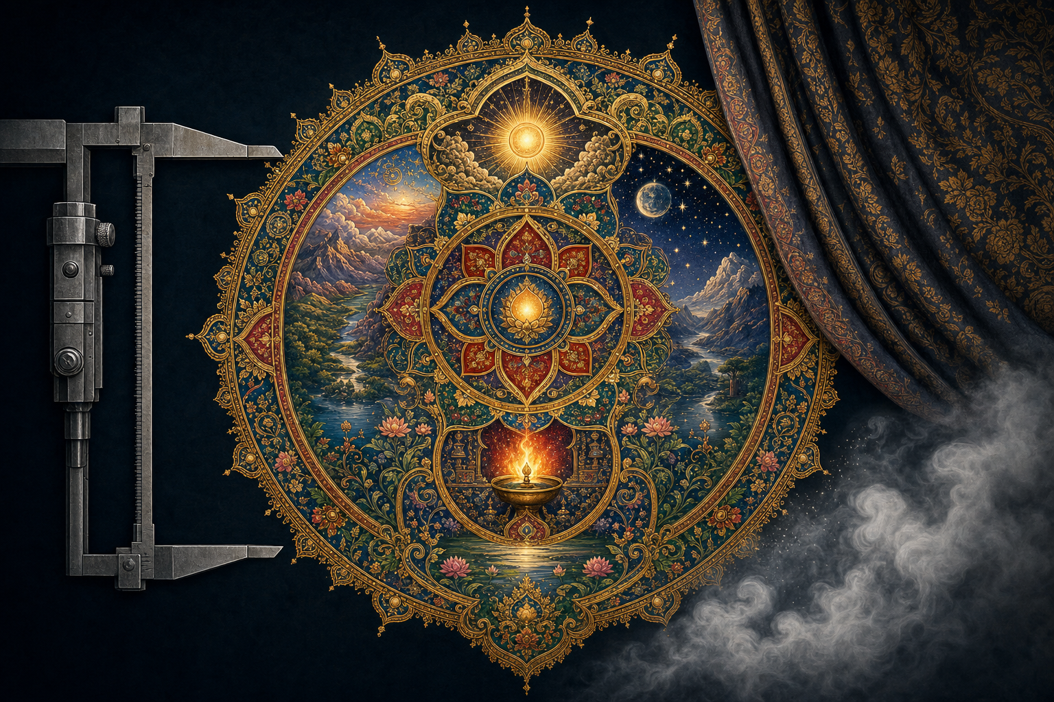 A luminous cosmic mandala resists a measuring frame, a decorative curtain, and encroaching mist while opening into ritual and celestial imagery.
