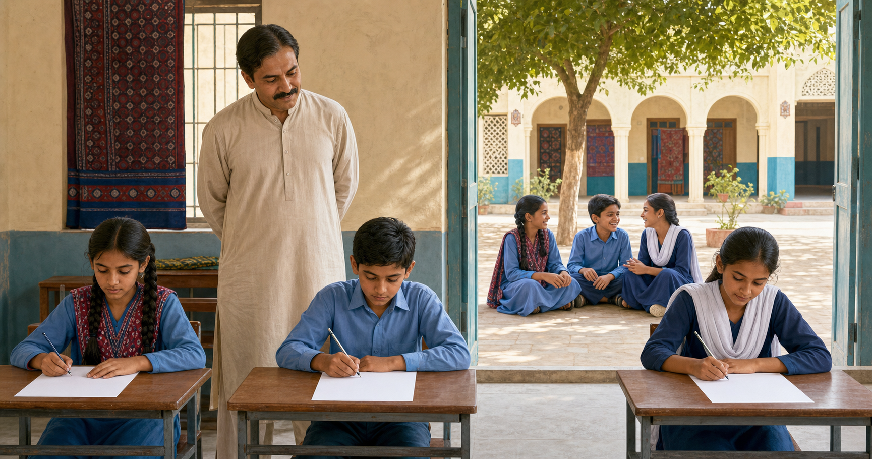 A Hindu student and classmates take an equal classroom examination and then gather together peacefully in the school courtyard.
