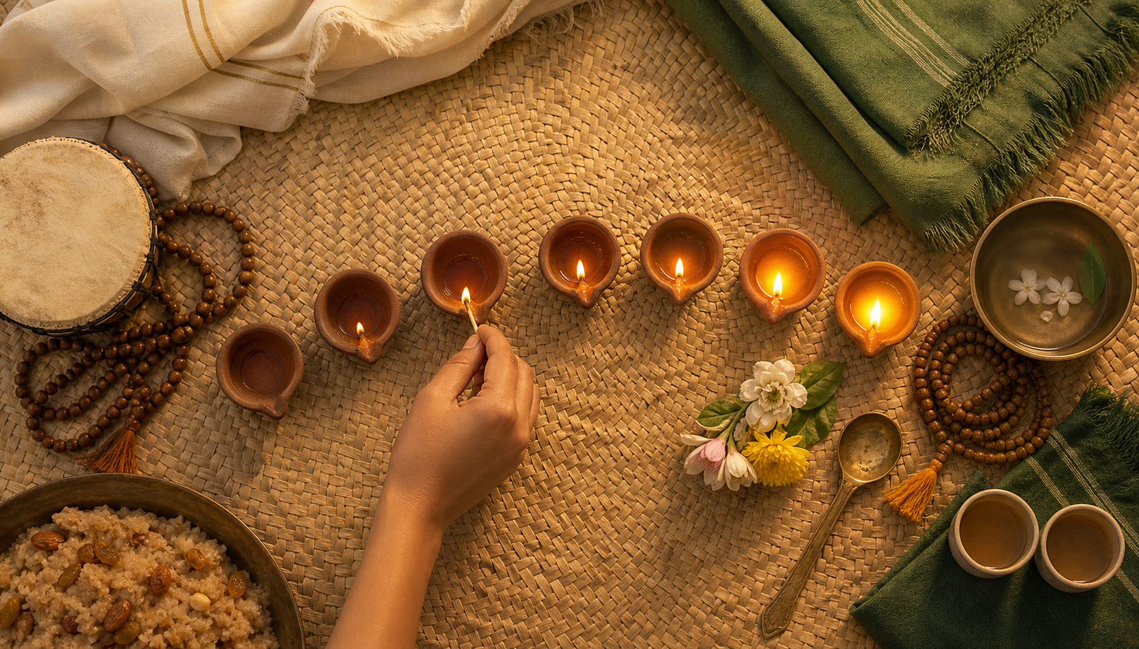 A hand lights one of seven clay lamps arranged with prayer beads, flowers, serving utensils, and two cups.
