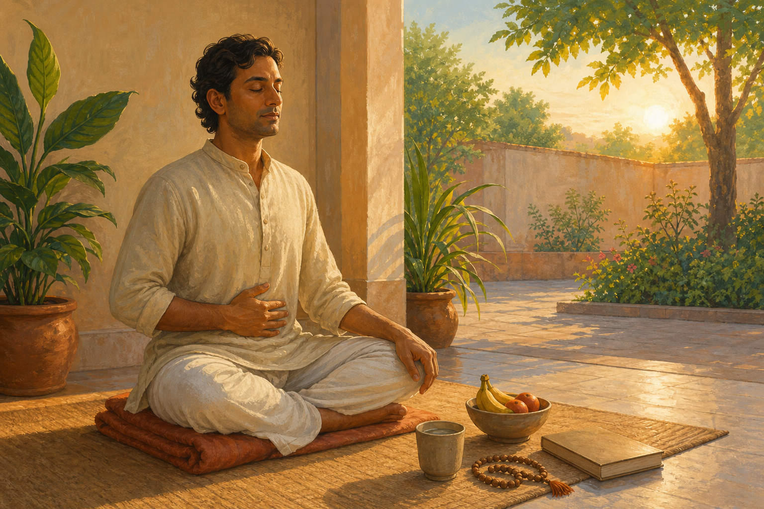 A calm adult practices seated breathing on a shaded veranda, with a supporting blanket, water, fruit, prayer beads, and a closed book nearby.