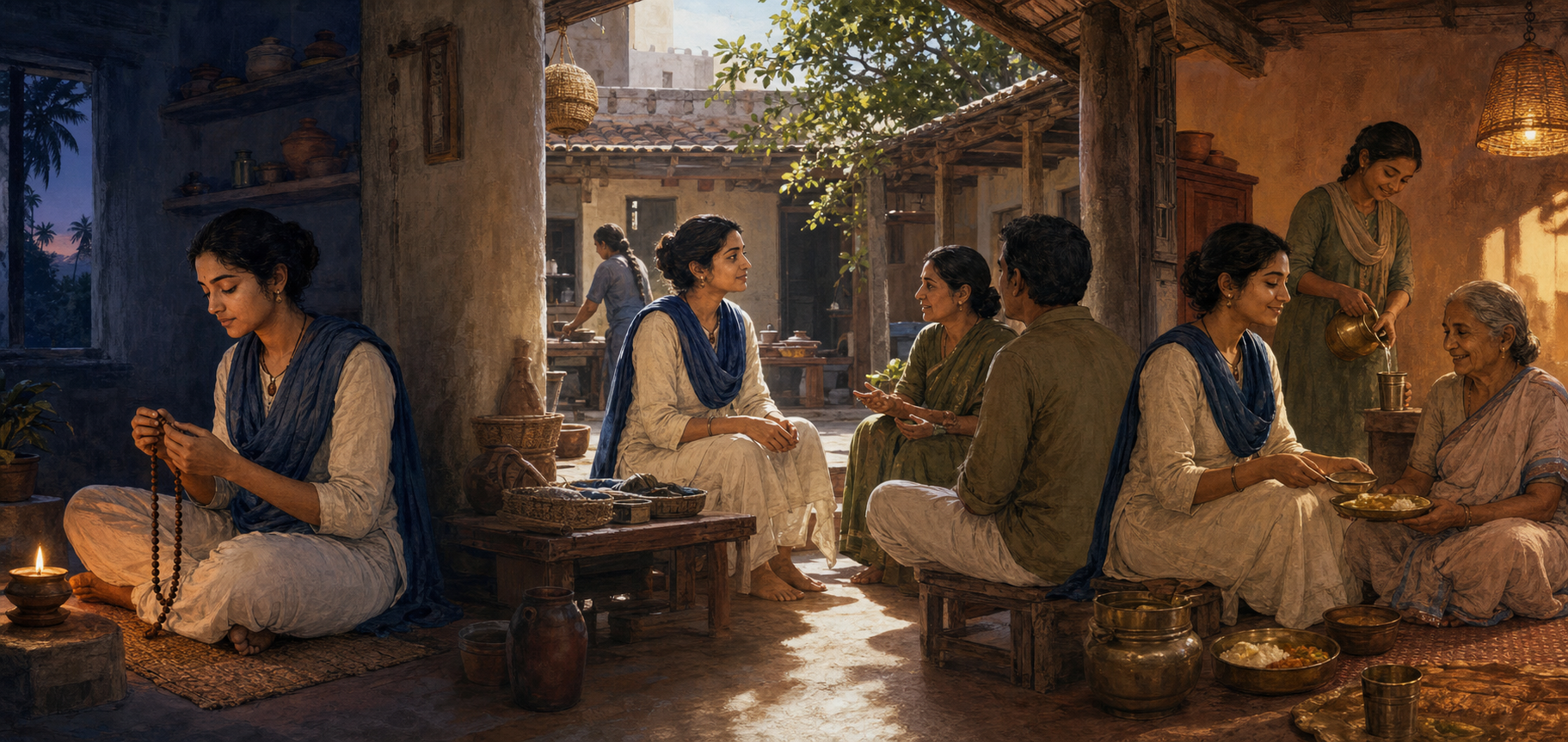 A panoramic scene shows the same adult using prayer beads before dawn, listening during a midday conversation, and serving an older neighbor a meal in the evening.