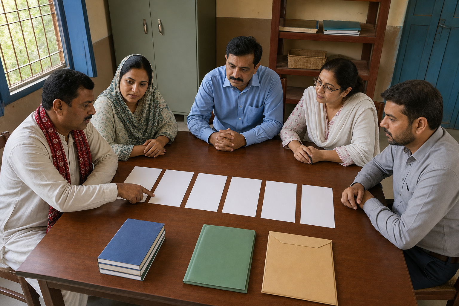 A Hindu parent, an educator, a headteacher, and education officials review seven blank document sheets around a school meeting table.