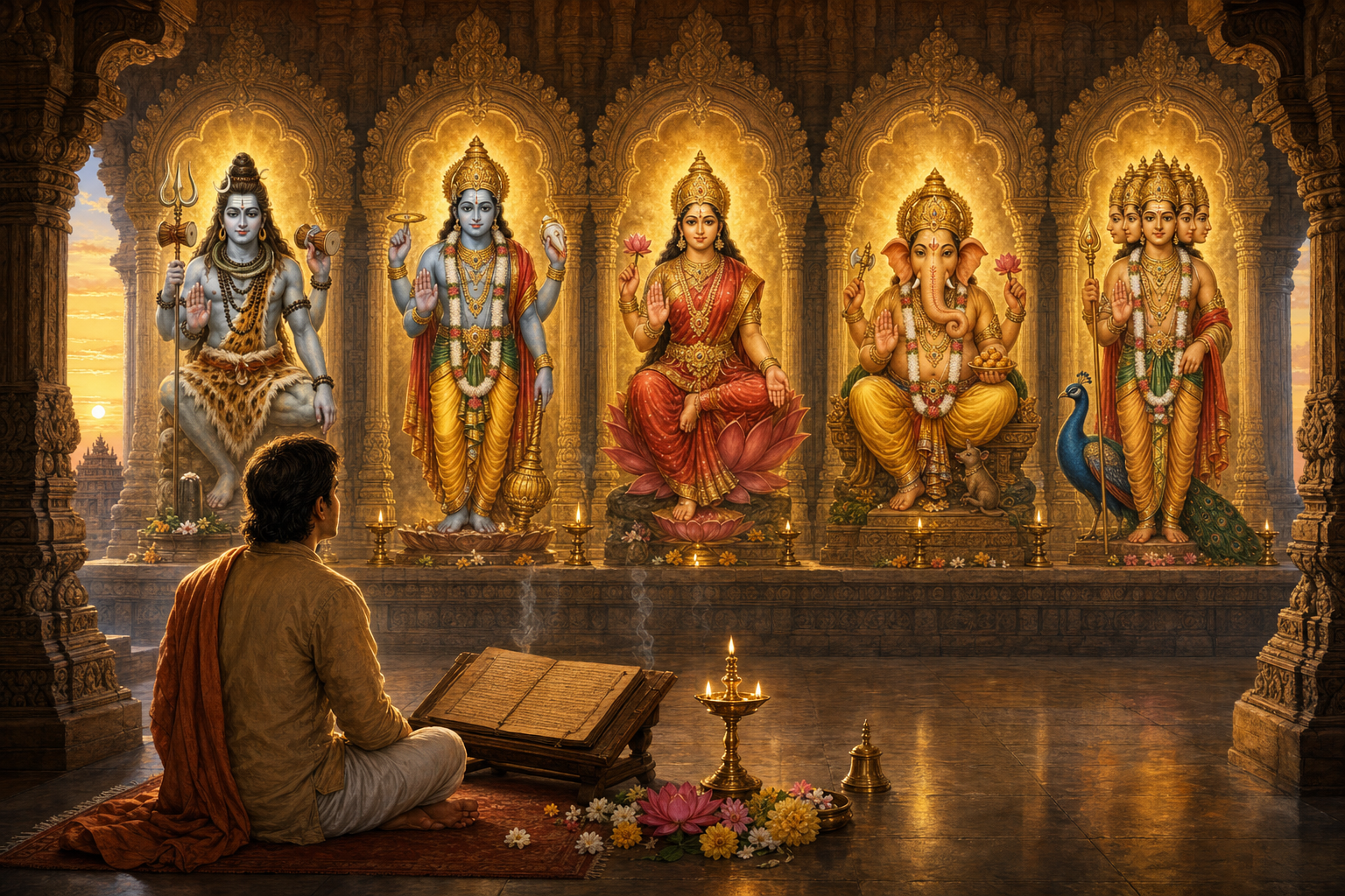 A devotee studies a palm-leaf manuscript in a temple hall facing separate shrines of Shiva, Vishnu, Devi, Ganesha, and six-faced Karttikeya.