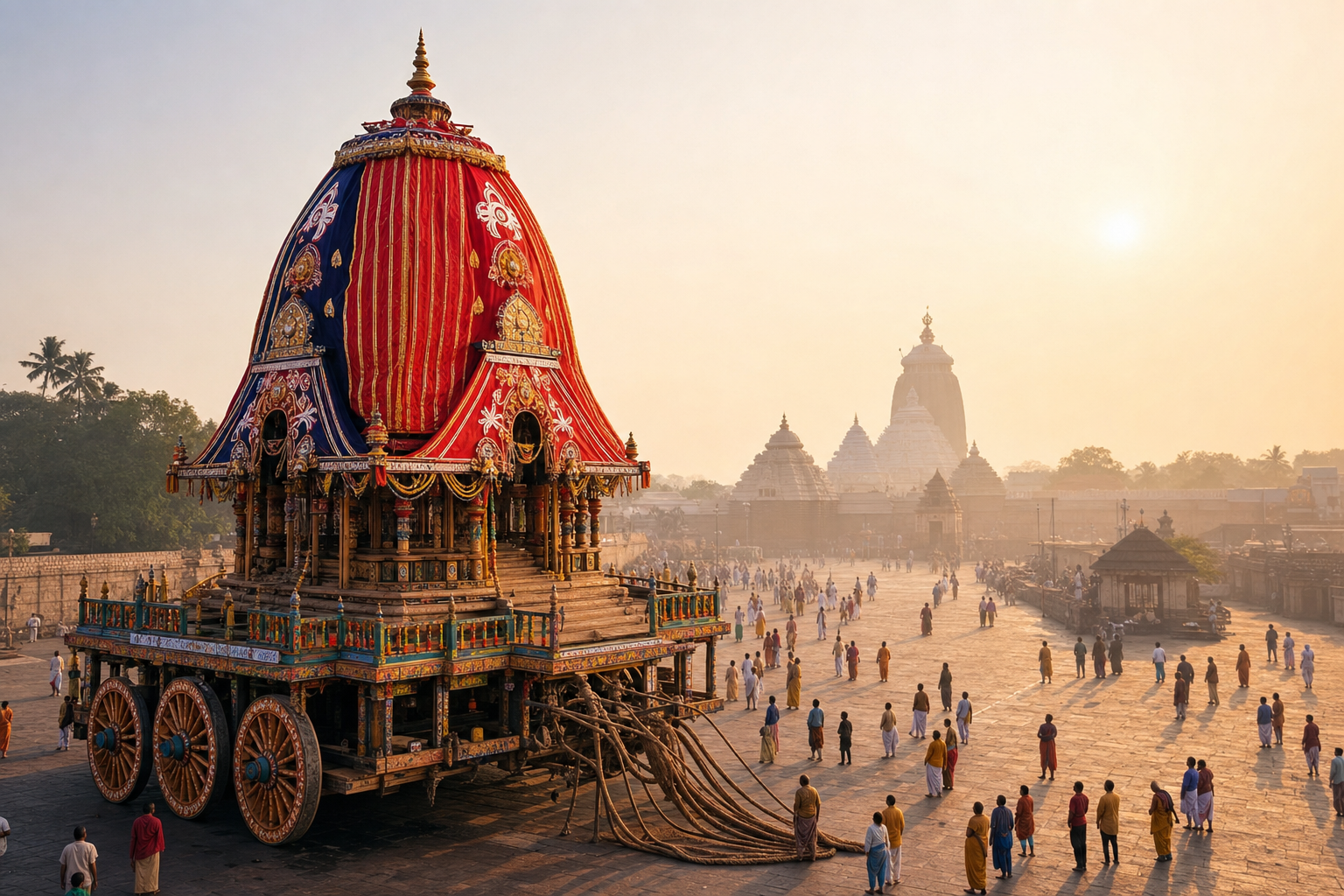 Monumental red-and-blue wooden ratha chariot with devotees near a temple complex in Puri at sunrise