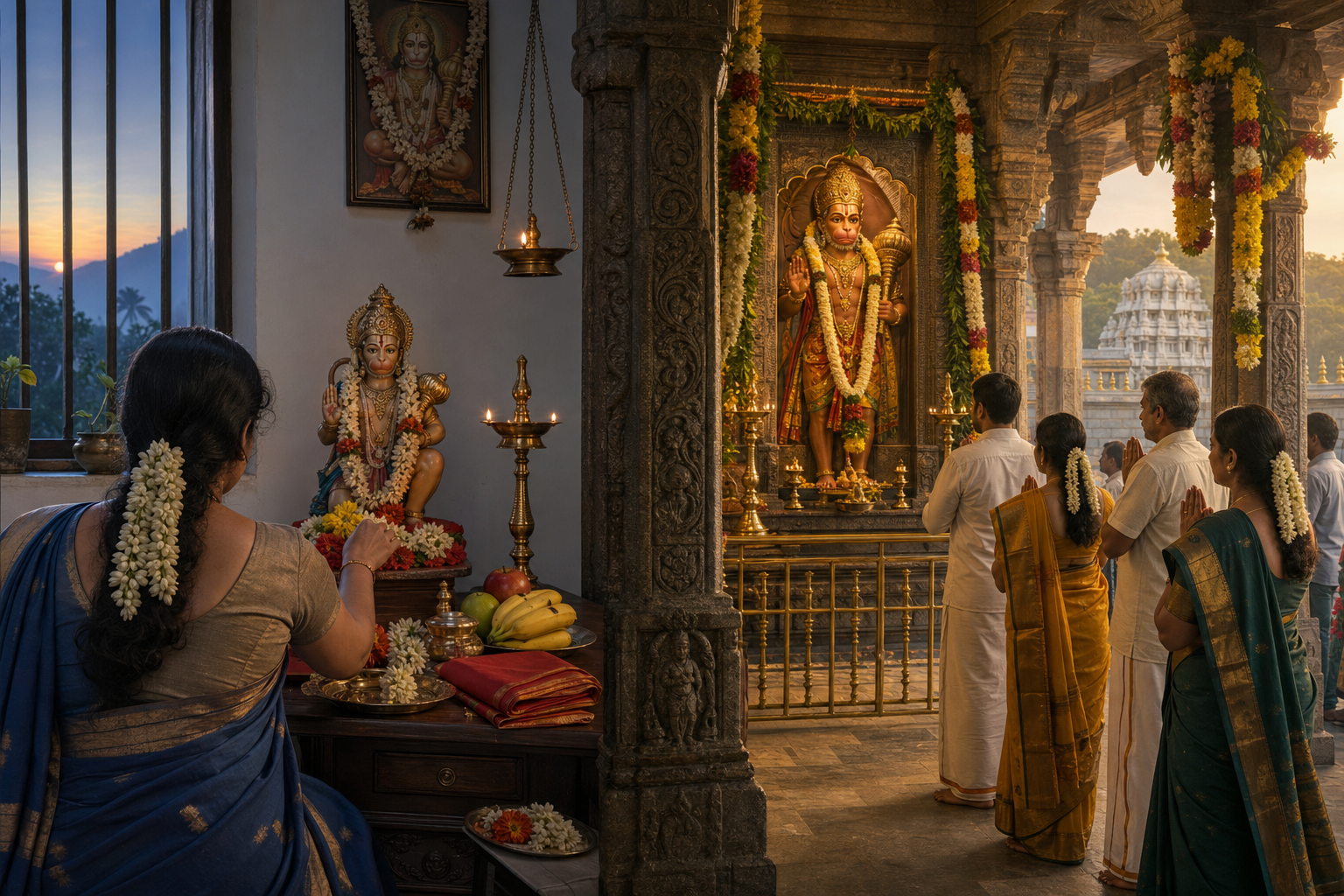 Two devotional scenes show a quiet home Hanuman puja at dawn and a separate flower-filled observance at a South Indian temple.