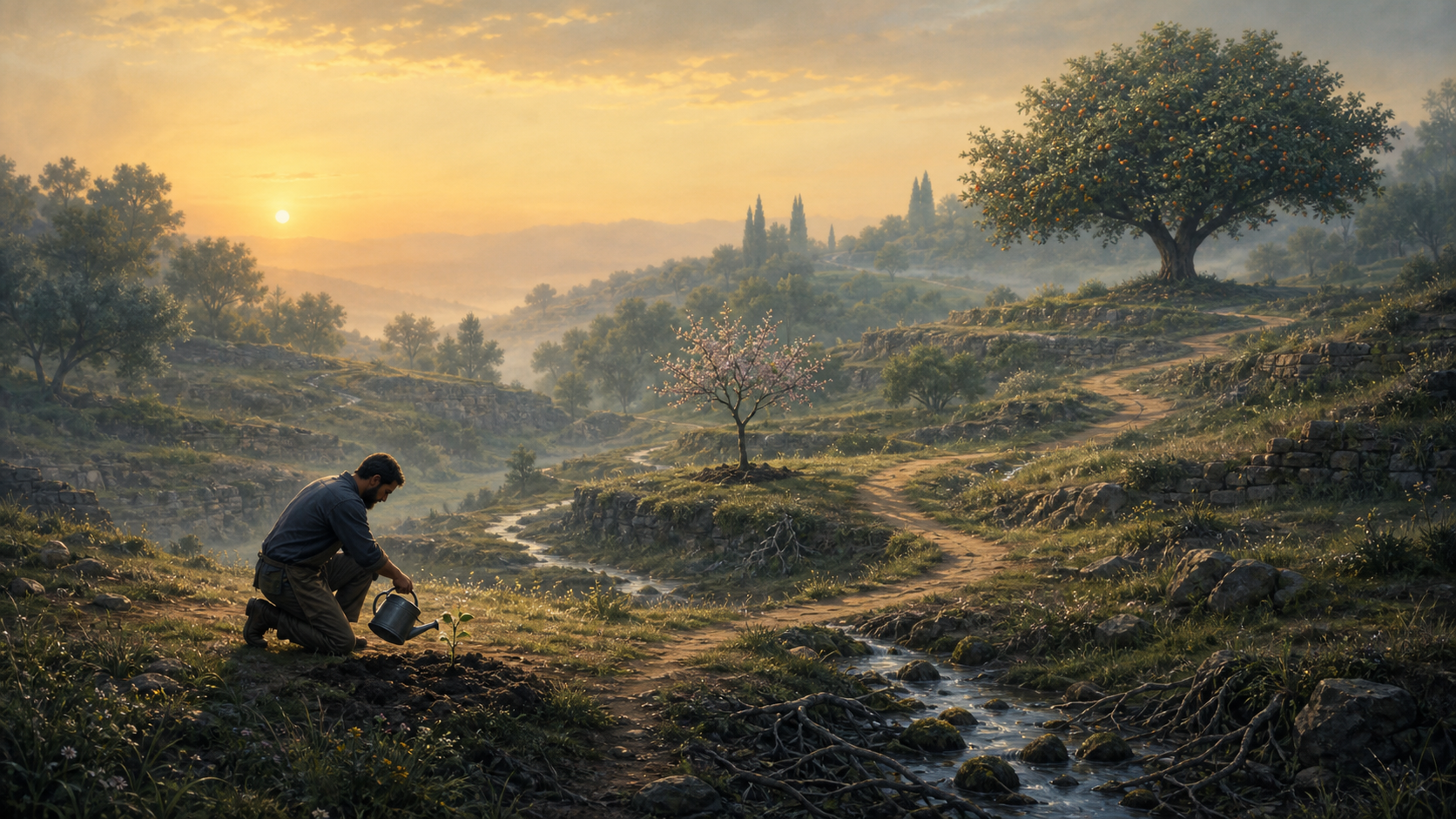 A gardener waters newly planted soil in a terraced grove, with a flowering sapling and an older fruit-bearing tree farther along a winding path.