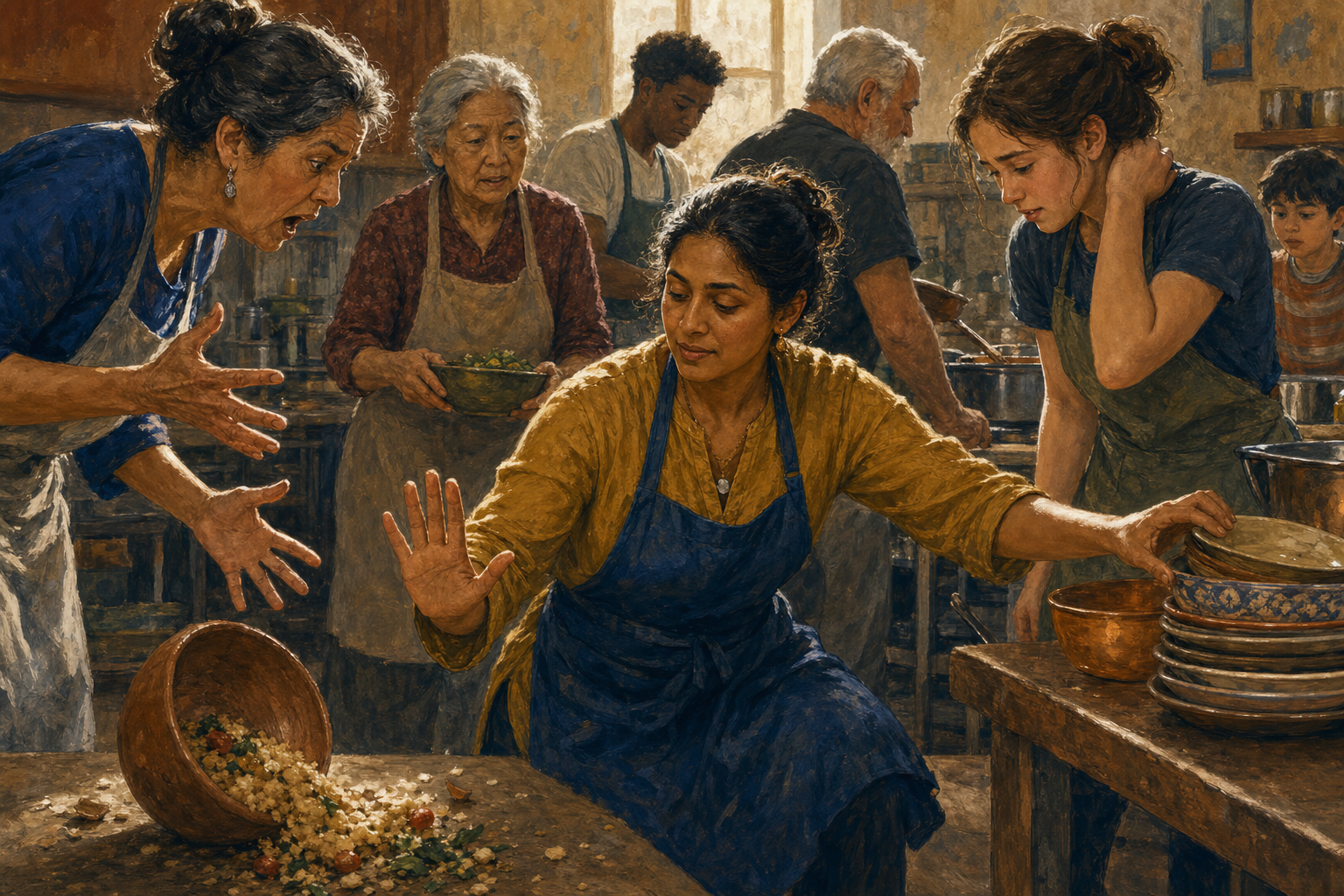 In a crowded community kitchen after food spills, one volunteer pauses with an open hand while another gestures and a younger helper looks embarrassed.