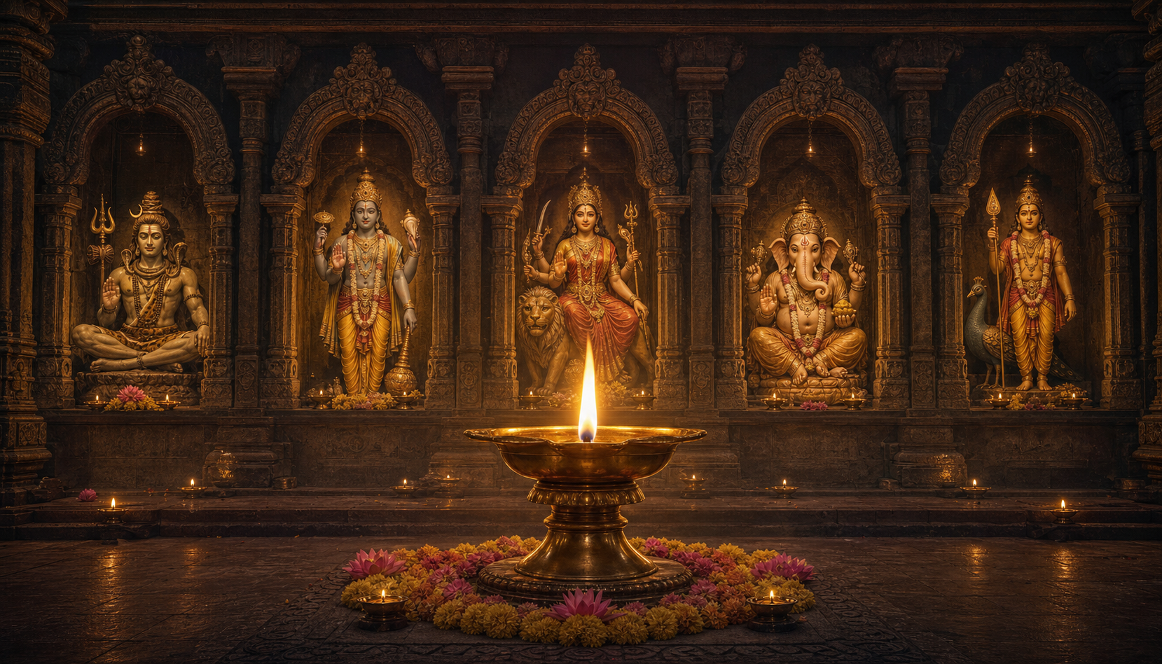 One brass lamp casts the same golden light across five separate temple alcoves containing forms of Shiva, Vishnu, Devi, Ganesha, and Karttikeya.