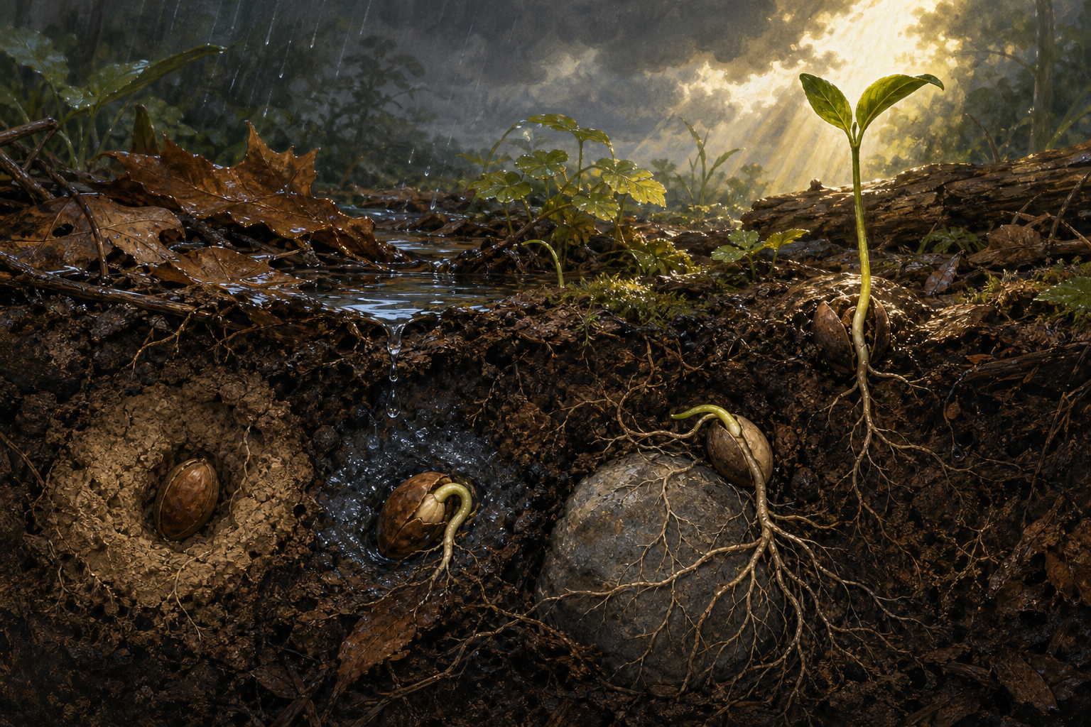A cutaway garden bed shows several seeds at different stages, including a dormant seed, a germinating seed, roots growing around a stone, and a new shoot above the soil.