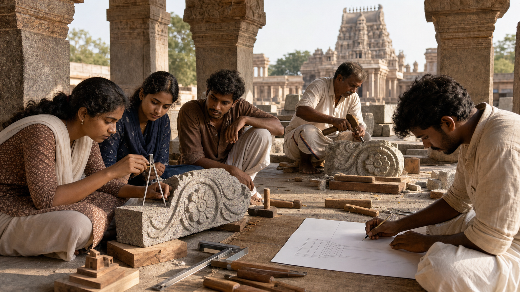 Students measure, draw, and carve stone architectural details in a traditional South Indian temple arts workshop.