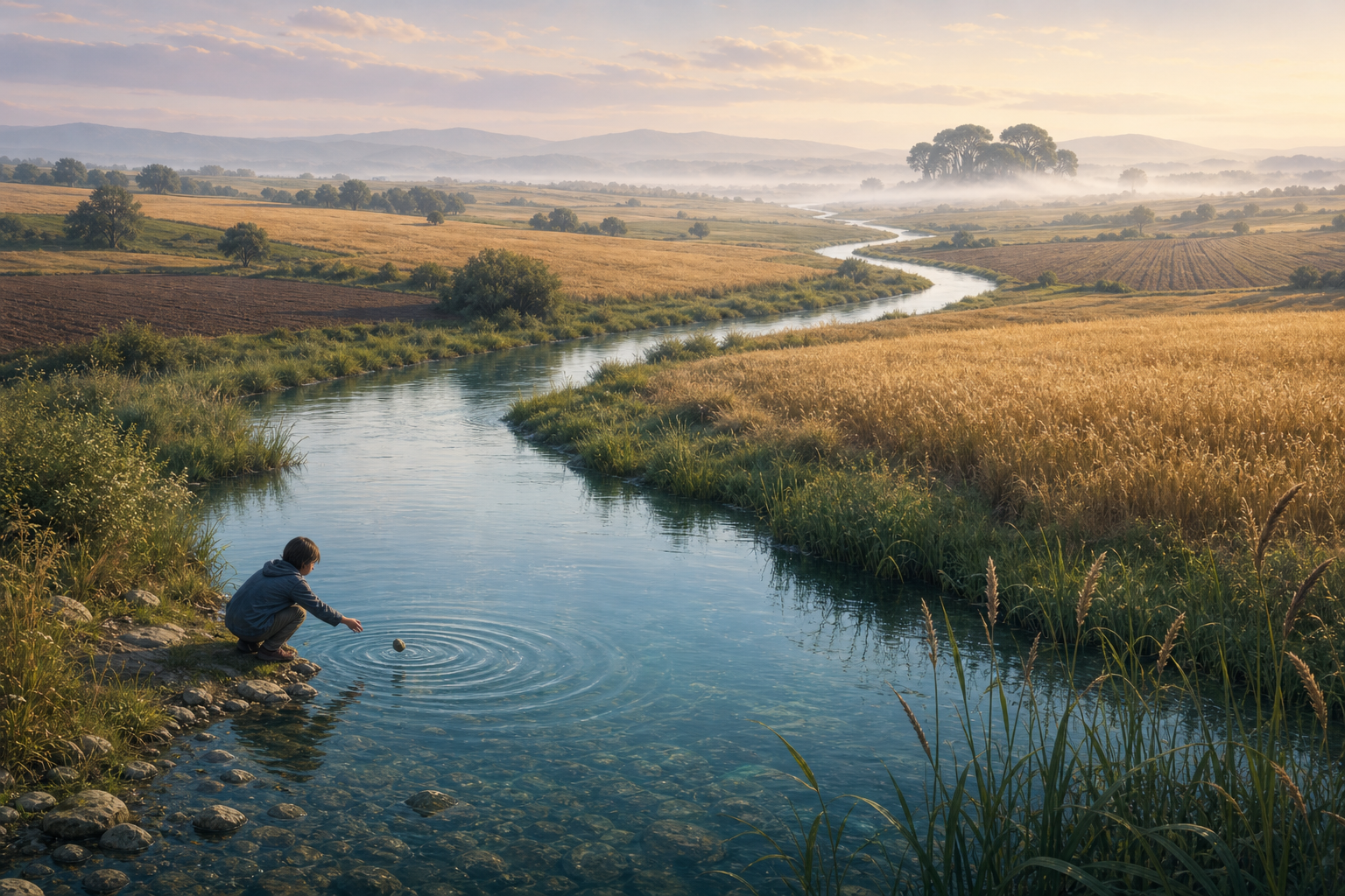 A person drops a stone into a stream that winds past reeds and fields toward a distant grove beneath changing light.