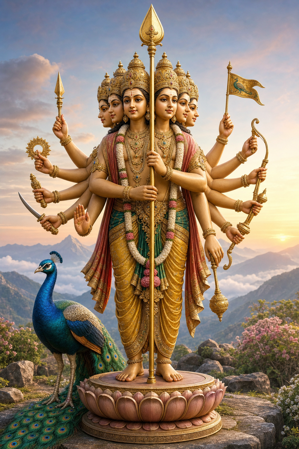 Six-faced Kārttikeya stands with twelve arms and a central vel spear beside a peacock in a hilltop sanctuary.