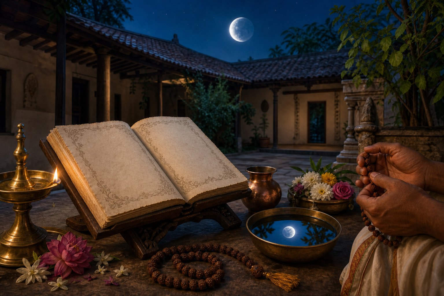 Moonlit prayer setting with an unreadable traditional almanac, oil lamp, prayer beads, flowers, and a copper vessel.