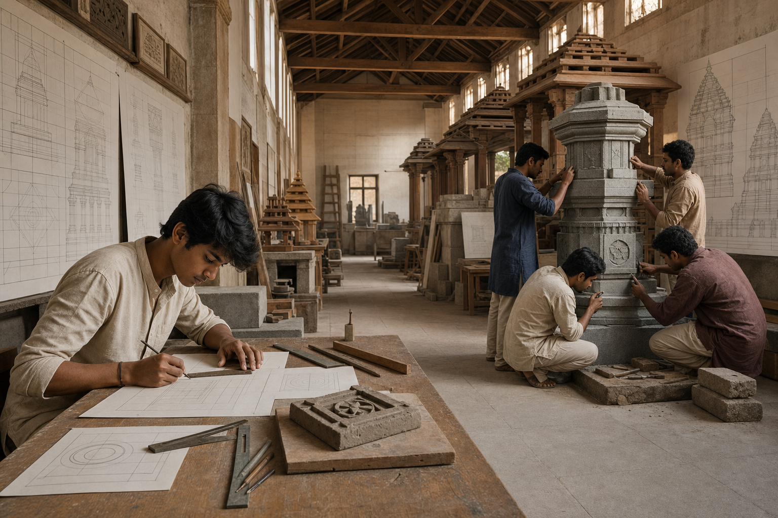 A temple arts studio progresses from basic drawing and clay exercises to advanced stone carving and architectural model work.