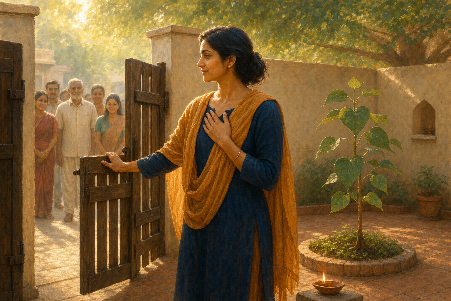 A woman calmly closes a wooden garden gate while several people wait outside a peaceful sunlit courtyard.