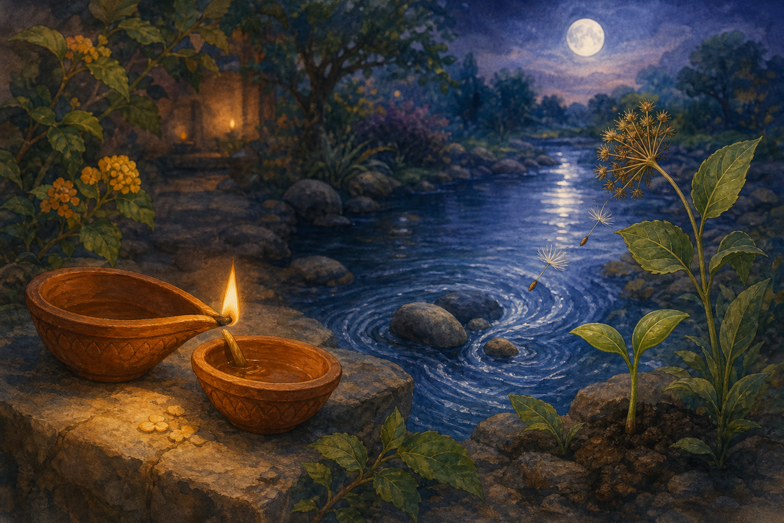 Two clay lamps, a flowing stream around stones, and a mature plant dropping a seed beside a new shoot appear together in a twilight garden.